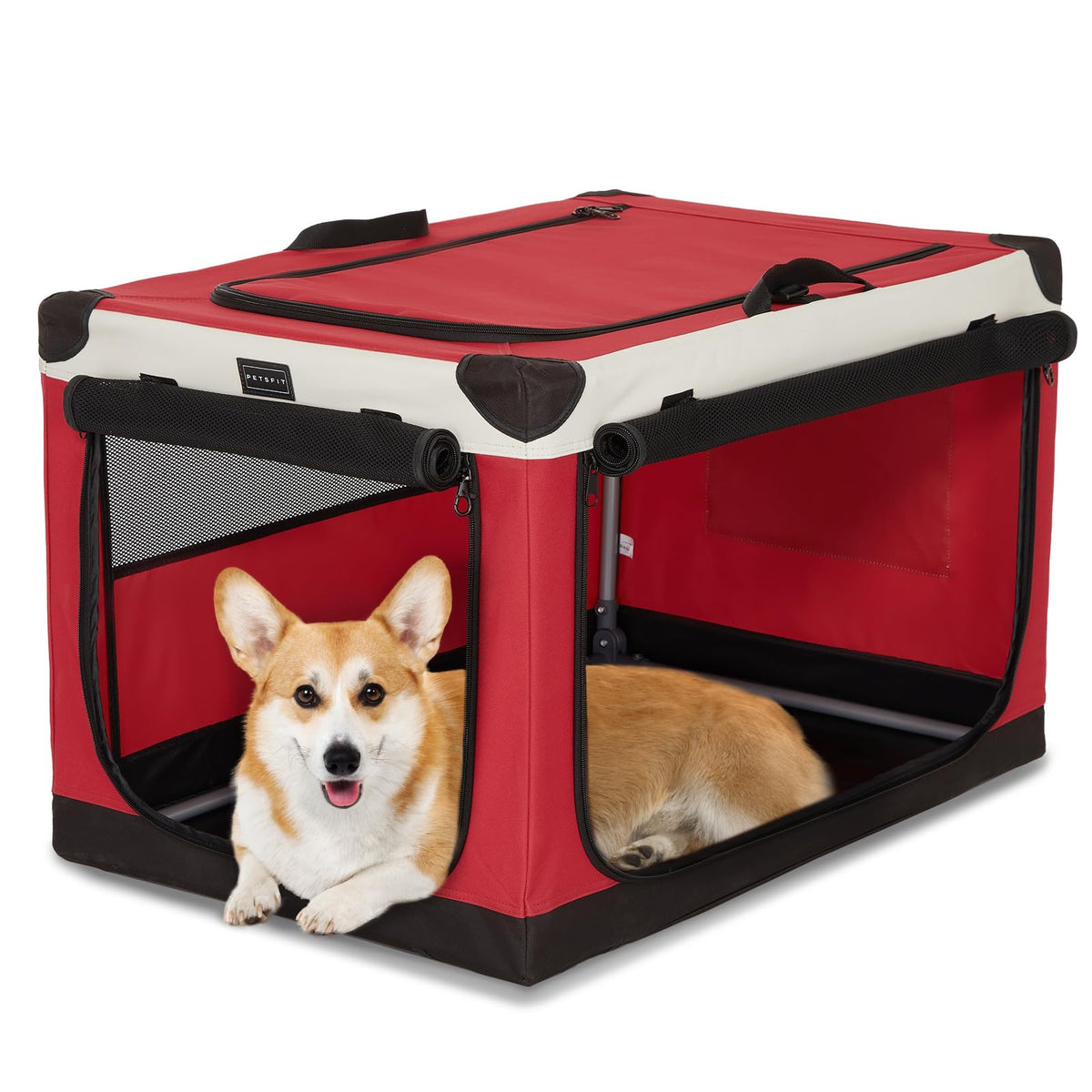 Petsfit Soft Sided Dog Crate, Dog Travel Crate - 30 Inch Lightweight, Easy Setup, Sturdy Portable Dog Crate, Adjustable Framework With 3 Mesh Door, Portable Collapsible Dog Kennel, Red