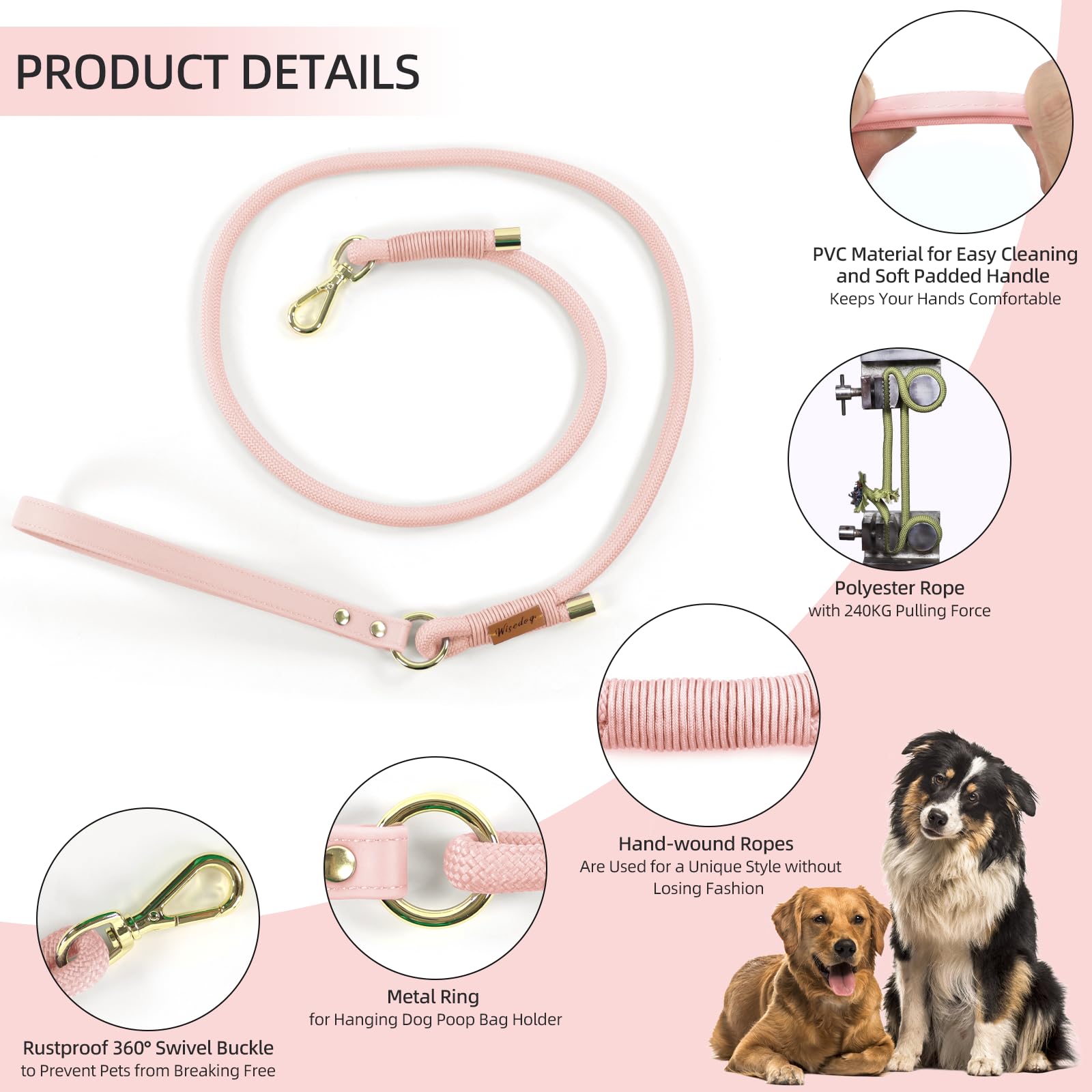 Wisedog Polyester Rope Dog Leash Heavy Duty With Soft Comfortable Padded Handle, Durable Stylish Braided Pet Leash 5 Ft/6 Ft For