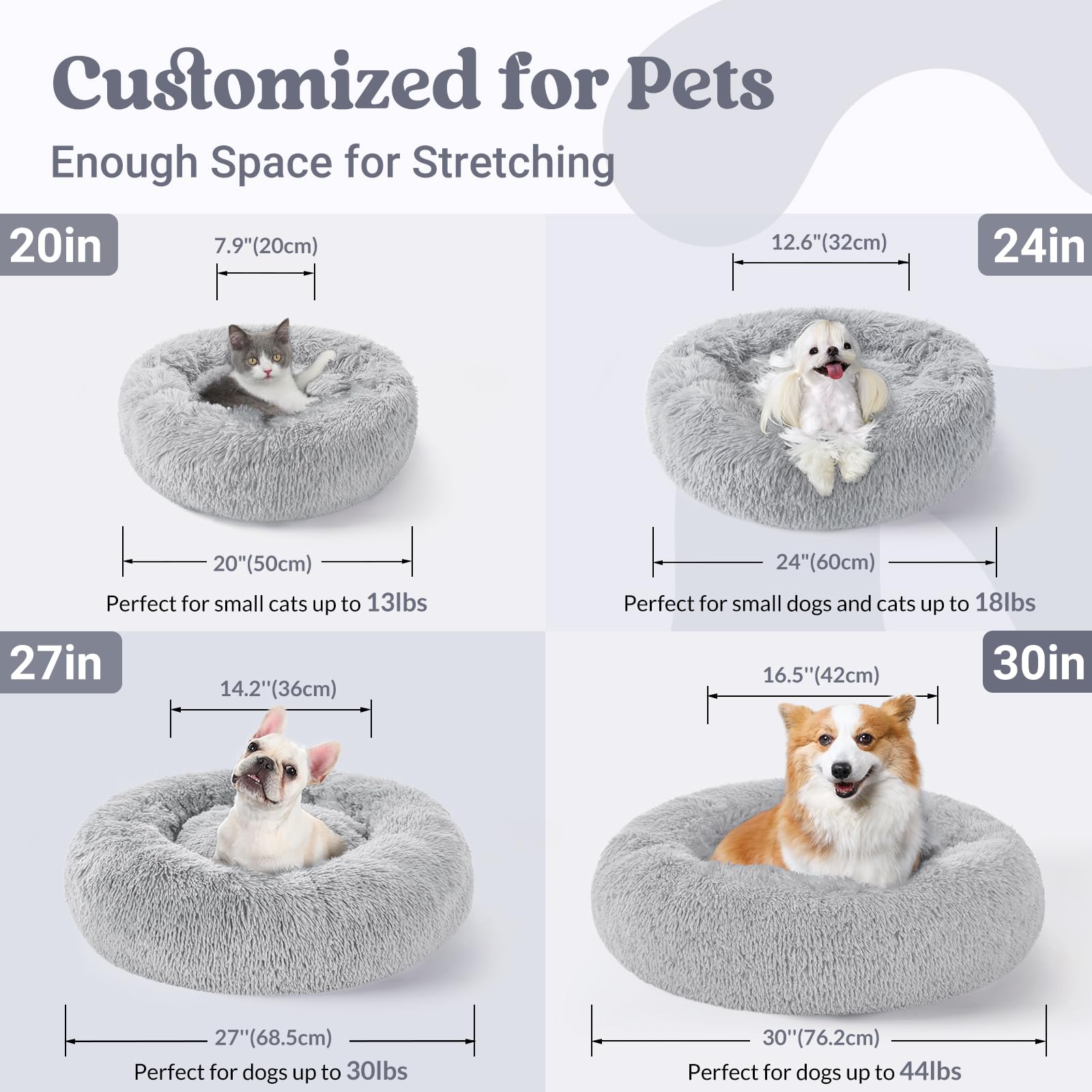 Rabbitgoo Dog Bed For Small, 24 Inches Machine Washable, Fluffy Donut Pet Bed Anti-Slip, Calming Soft Plush Round Cushion, Fits Up To 18 Lbs Pets, Light Grey