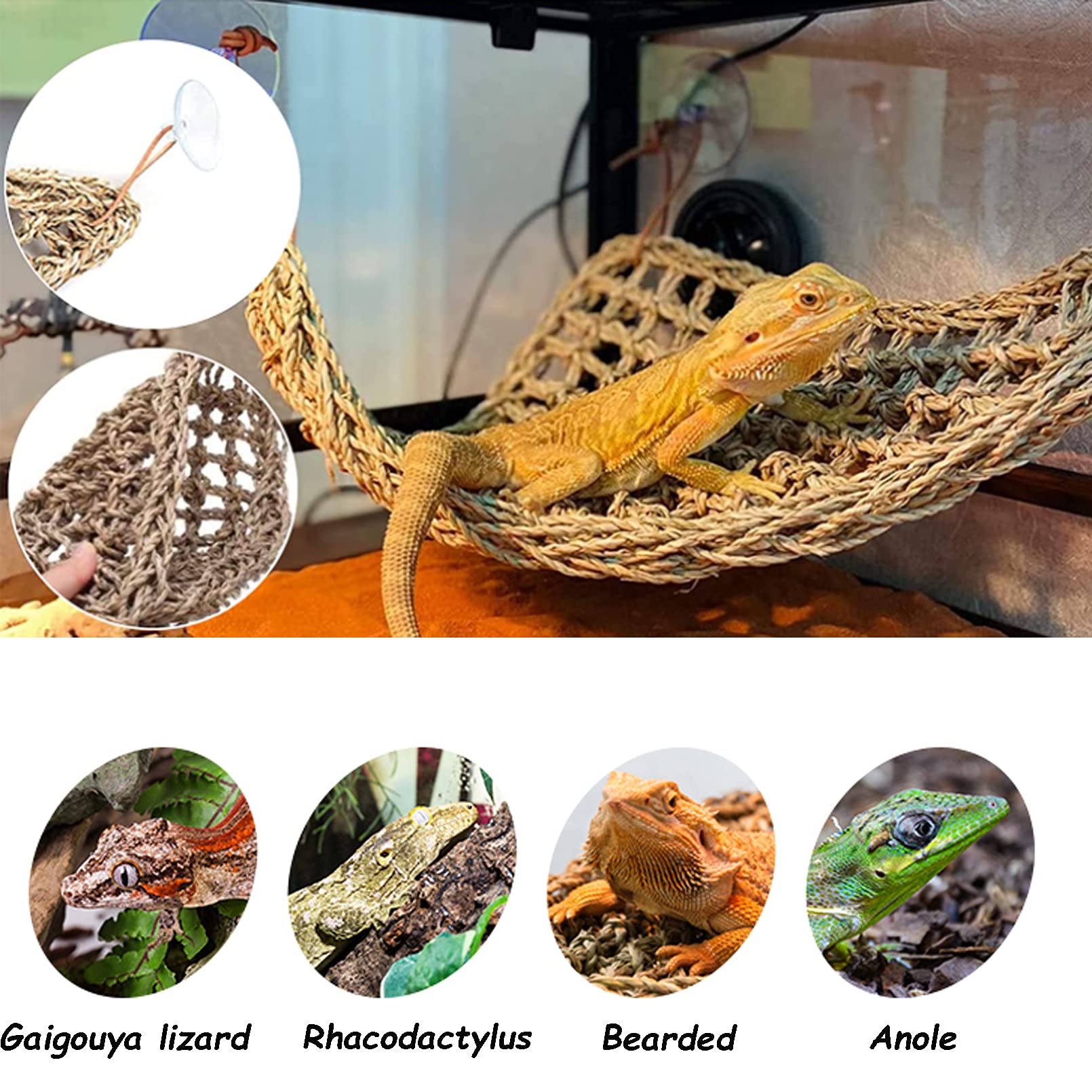Tfwadmx 3 Pack Bearded Dragon Hammock Lizards Lounger Reptile Climbing Accessories, Natural Seagrass Fibers Hammock For Reptiles Geckos Anoles Iguanas Hermit Crabs Triangular