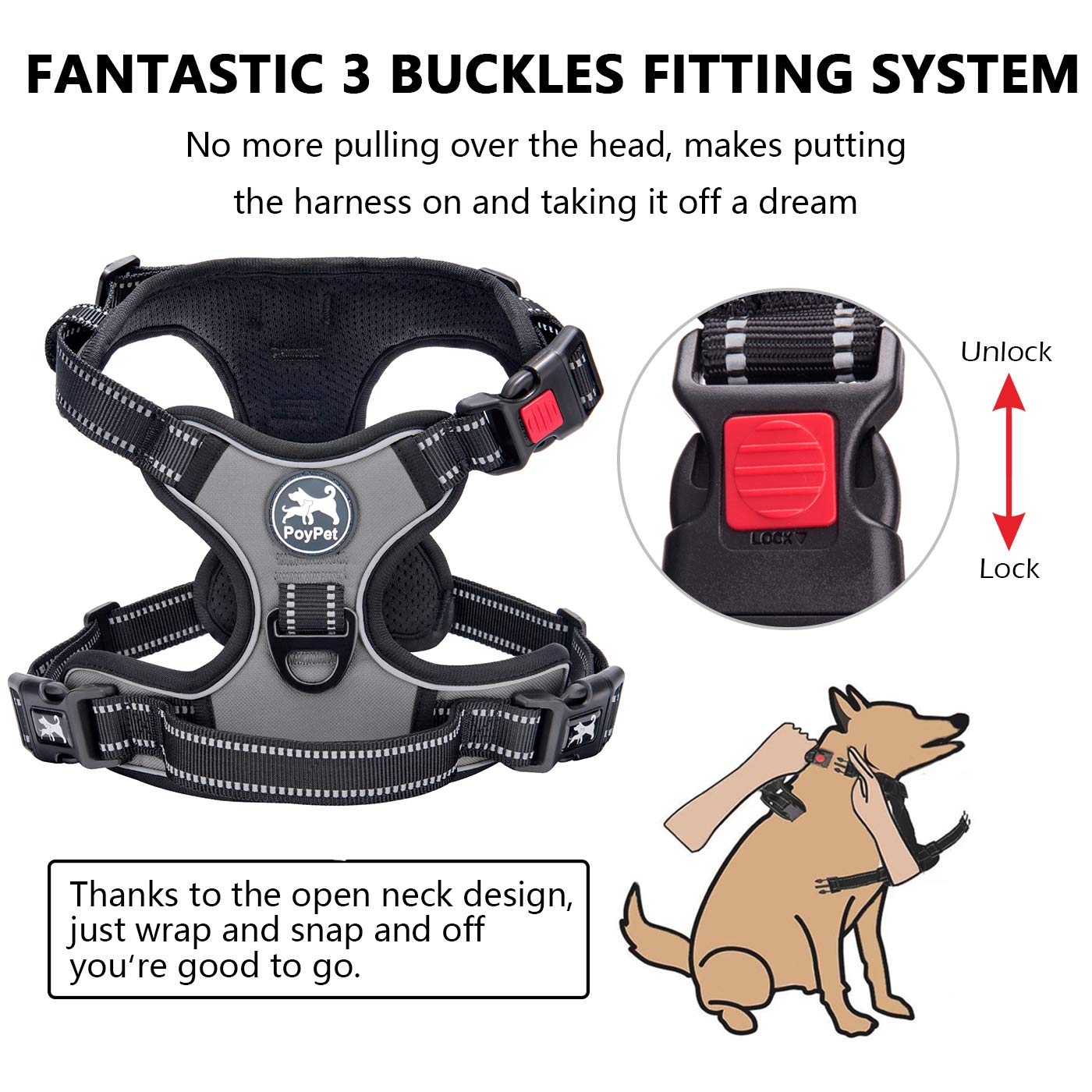 Poypet No Pull Dog Harness, No Choke Front Lead Dog Reflective Harness, Adjustable Soft Padded Pet Vest With Easy Control Handle For Small To Large Dogs(Grey,S)