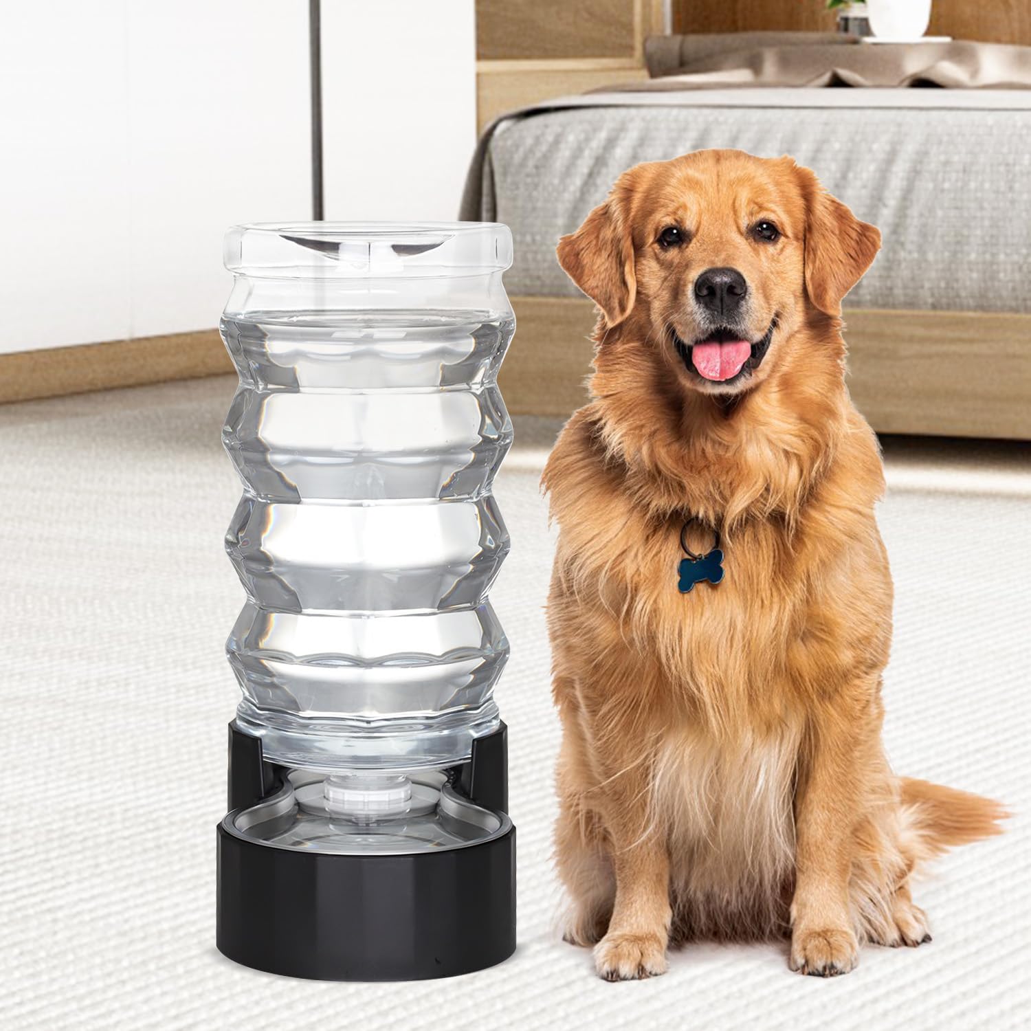 RIZZARI Large Dog Water Dispenser: Stainless Steel Pet Water Bowl - 9L Black Stainless Steel Automatic Pet Gravity Feeder with F