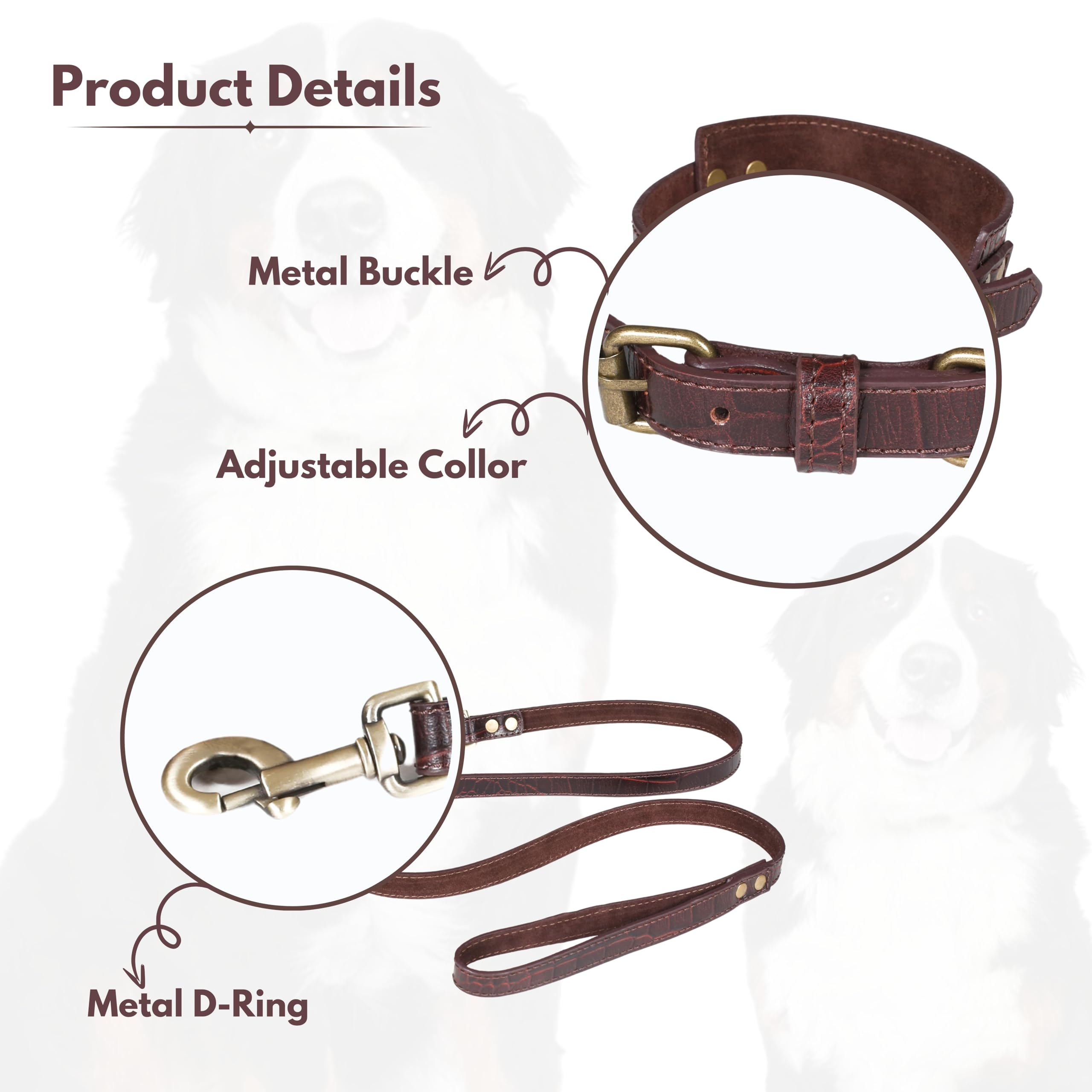 Genuine Leather Dog Collar And Leash Set With Metal Buckle - Soft, Comfortable, Durable Adjustable Collar And Leash Combo, Premi