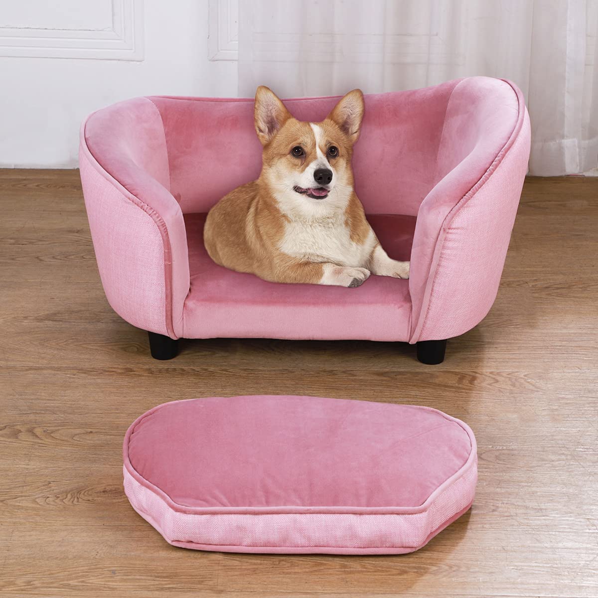 Pet Sofa Bed, Velvet Couch With Washable Cushion For Small Dog Cat, Gray (Pink)
