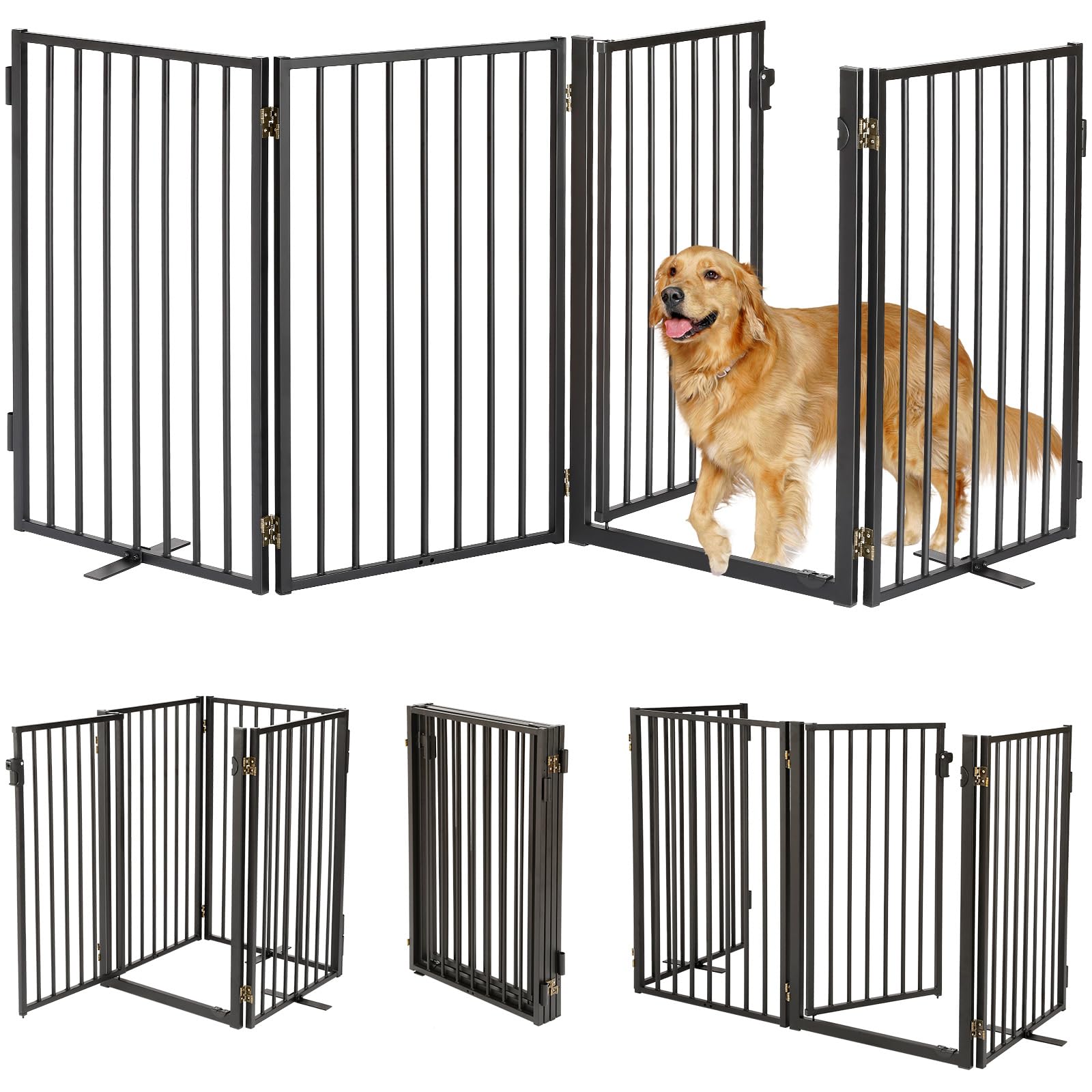 Paulmele Metal Freestanding Dog Gates with Door for Outdoor Indoor,80'' Extra Wide 32'' Tall Free Standing Dog Gate for Doorways