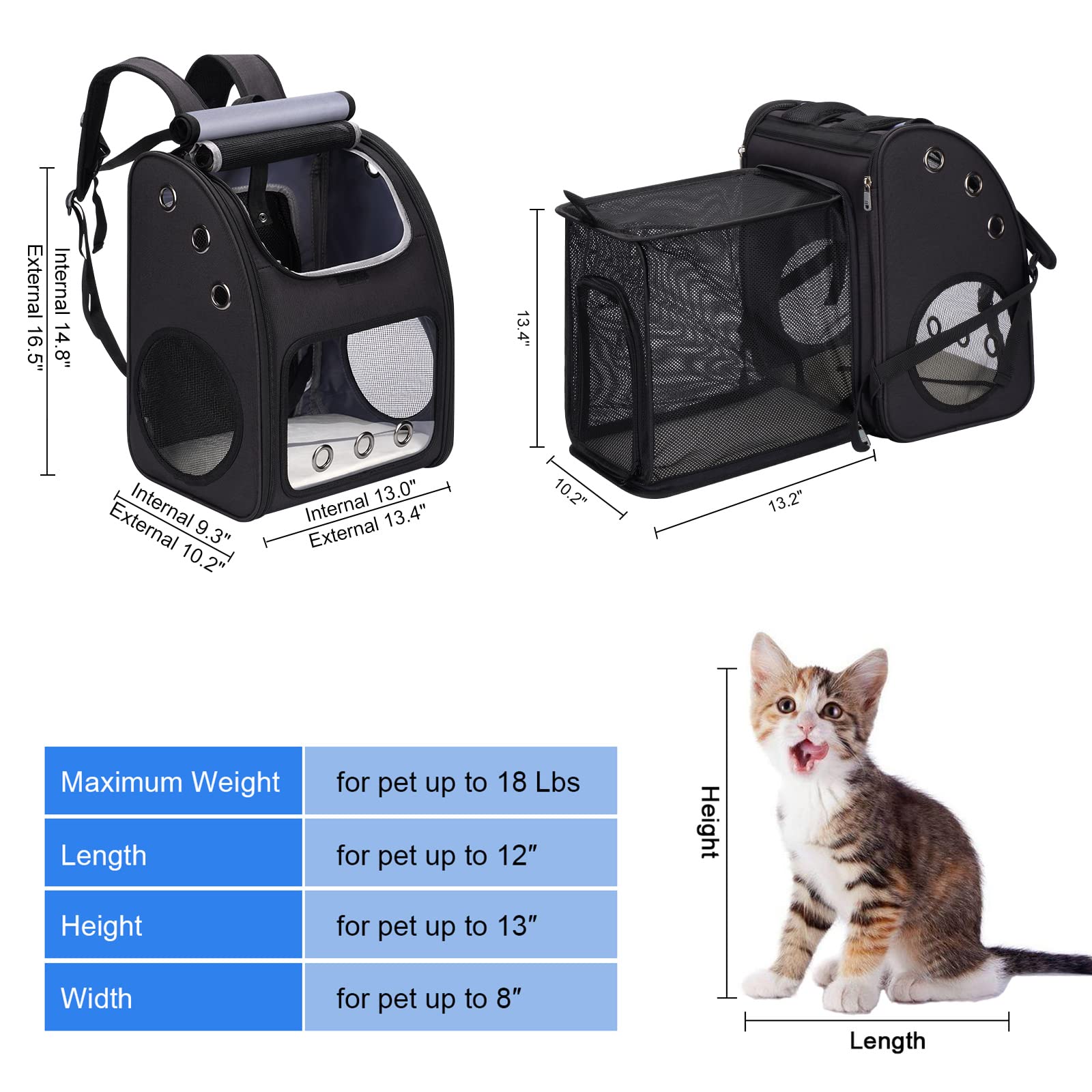 COVONO Cat Carrier Backpack, Expandable, Airline Approved, L (13.4"L x 10.2"W x 16.5"H), Black, Model EPC002-BLACK