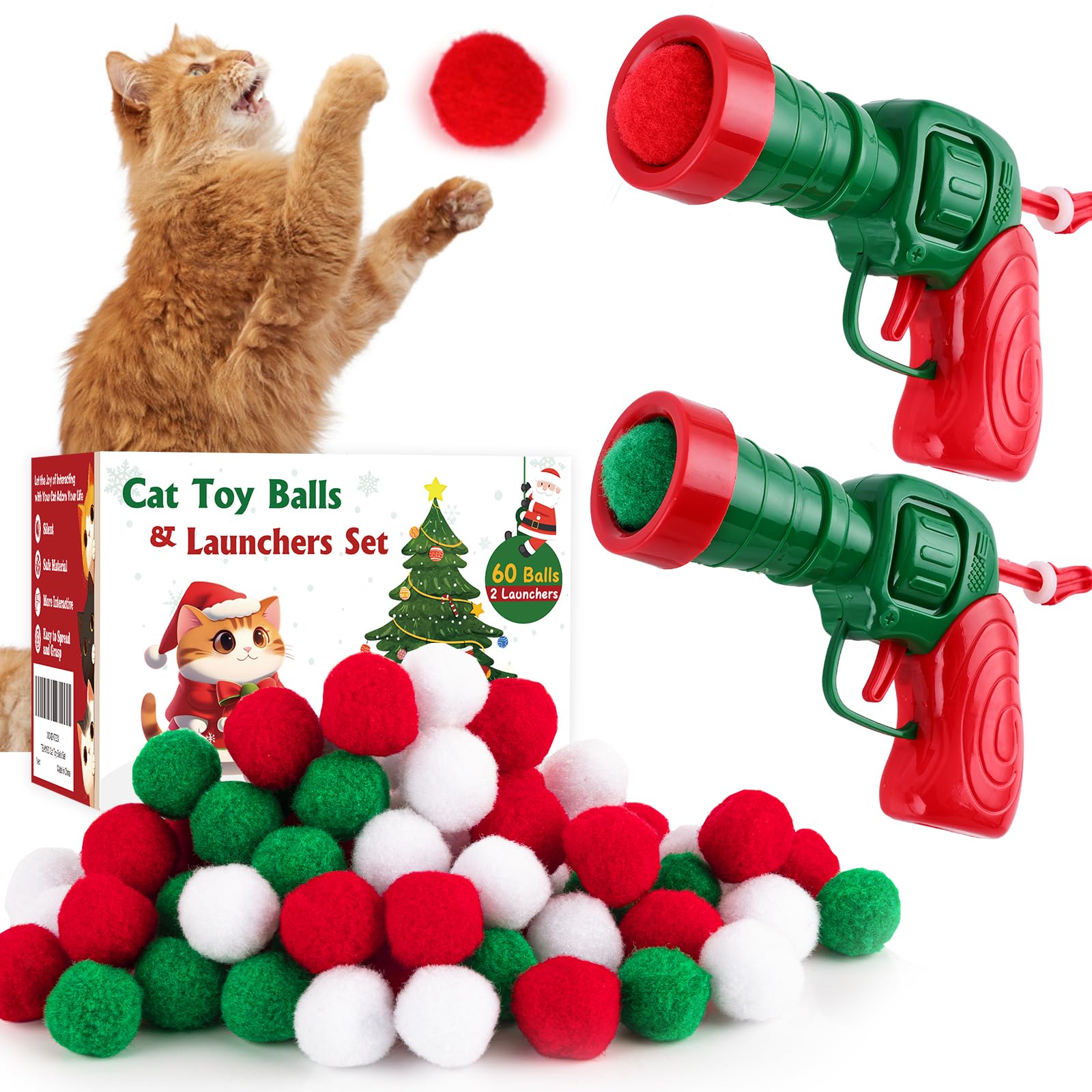 Teawoo Cat Toy Balls With Launchers Set (2+60), 60 Cat Pom Pom Balls & 2 Cat Toy Ball Launchers, Cat Enrichment Toys, Interactiv