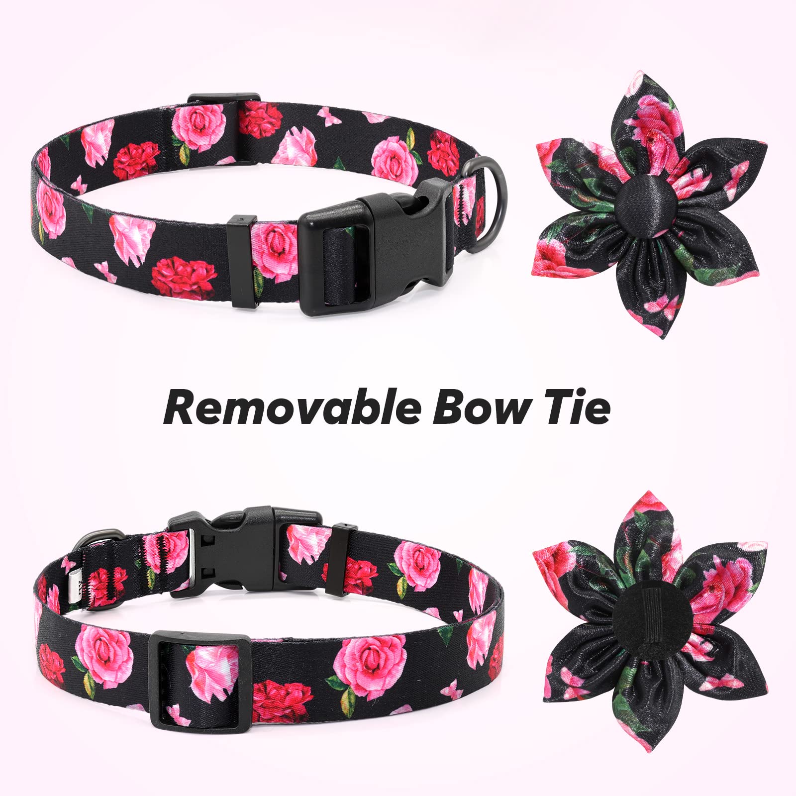 Floral Girl Pink Dog Collar With Rose Flower Bow Tie For Cute Female Cats & Dogs - Small To Large Sizes