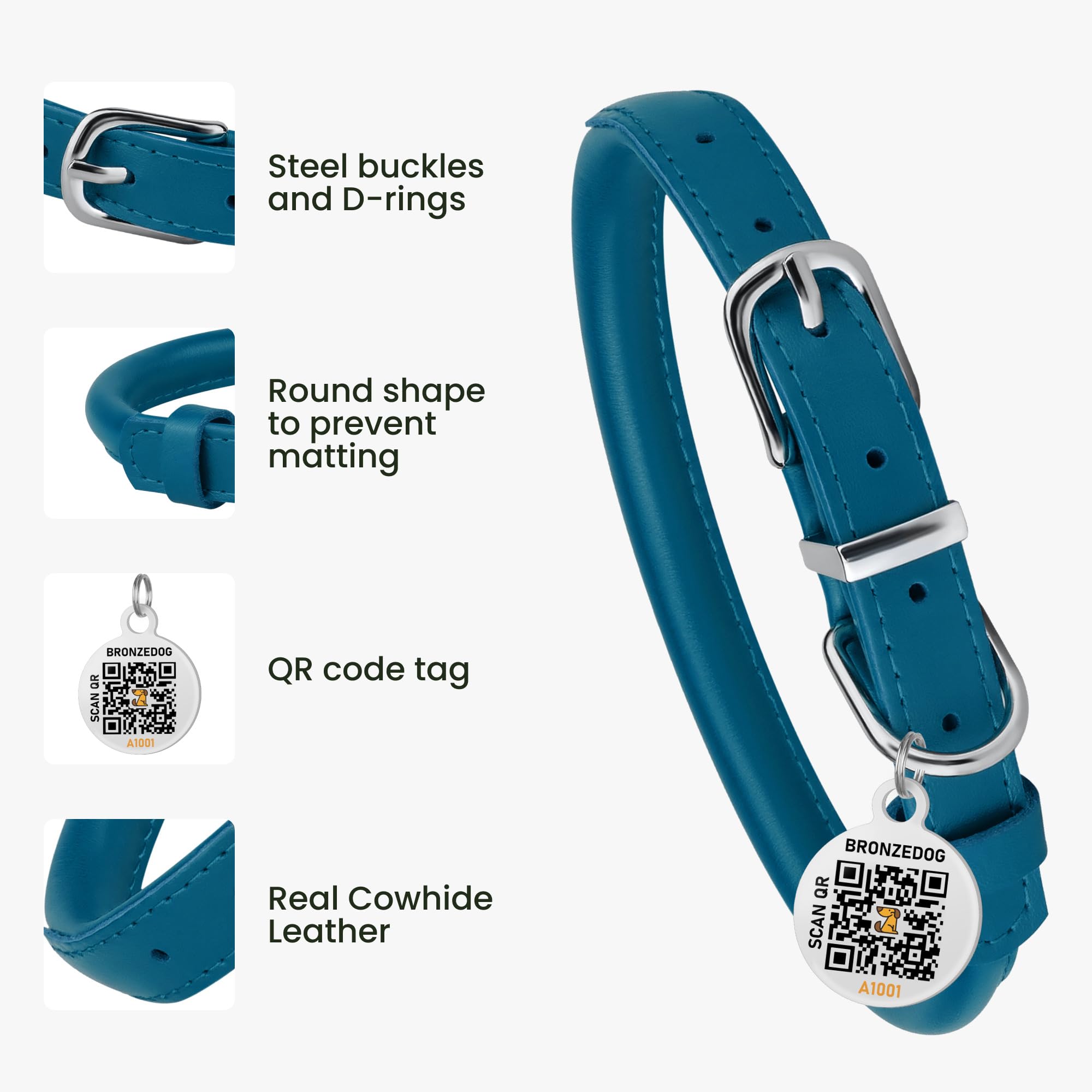 Bronzedog Rolled Leather Dog Collar For Small Medium Large Dogs With Qr Id Tag (Xs: 9-11 Inch, Ocean Blue)