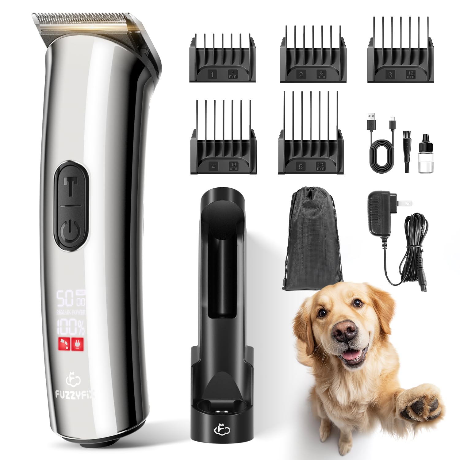 FuzzyFix Professional Dog Grooming Clippers with Charging Dock, 5-in-1 Adjustable Blade Cordless Pet Grooming Kit 5 Speed Rechar