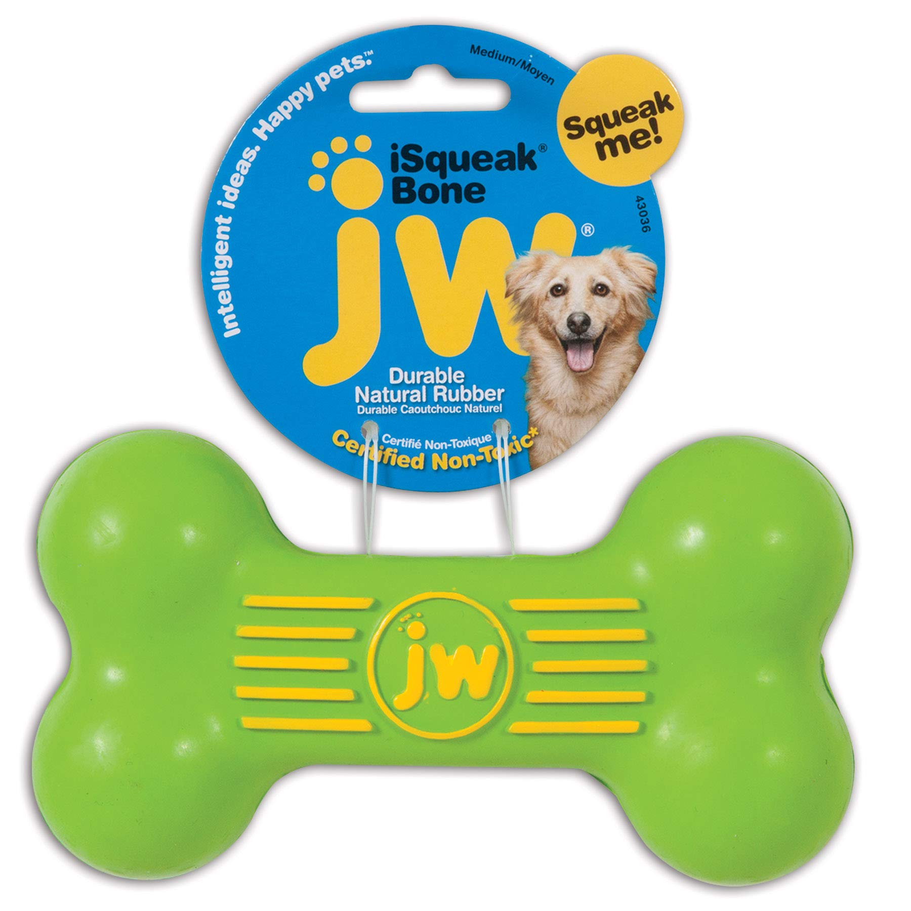 JW iSqueak Bone Durable Natural Rubber Dog Toy (Assorted Colors)