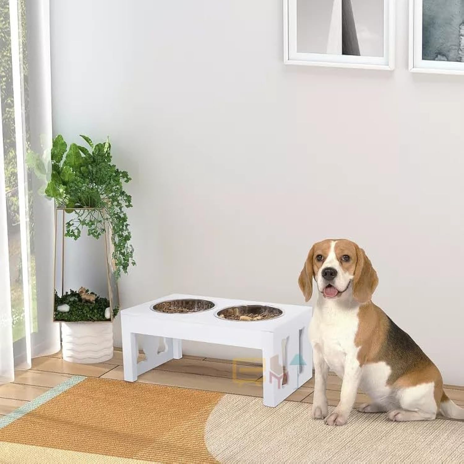Emiwud Furniture Modern Wooden Dog Bowl Stand | Dog Feeding Station | Pet Food Bowl With 2 Stainless Steel Bowl For Water & Food