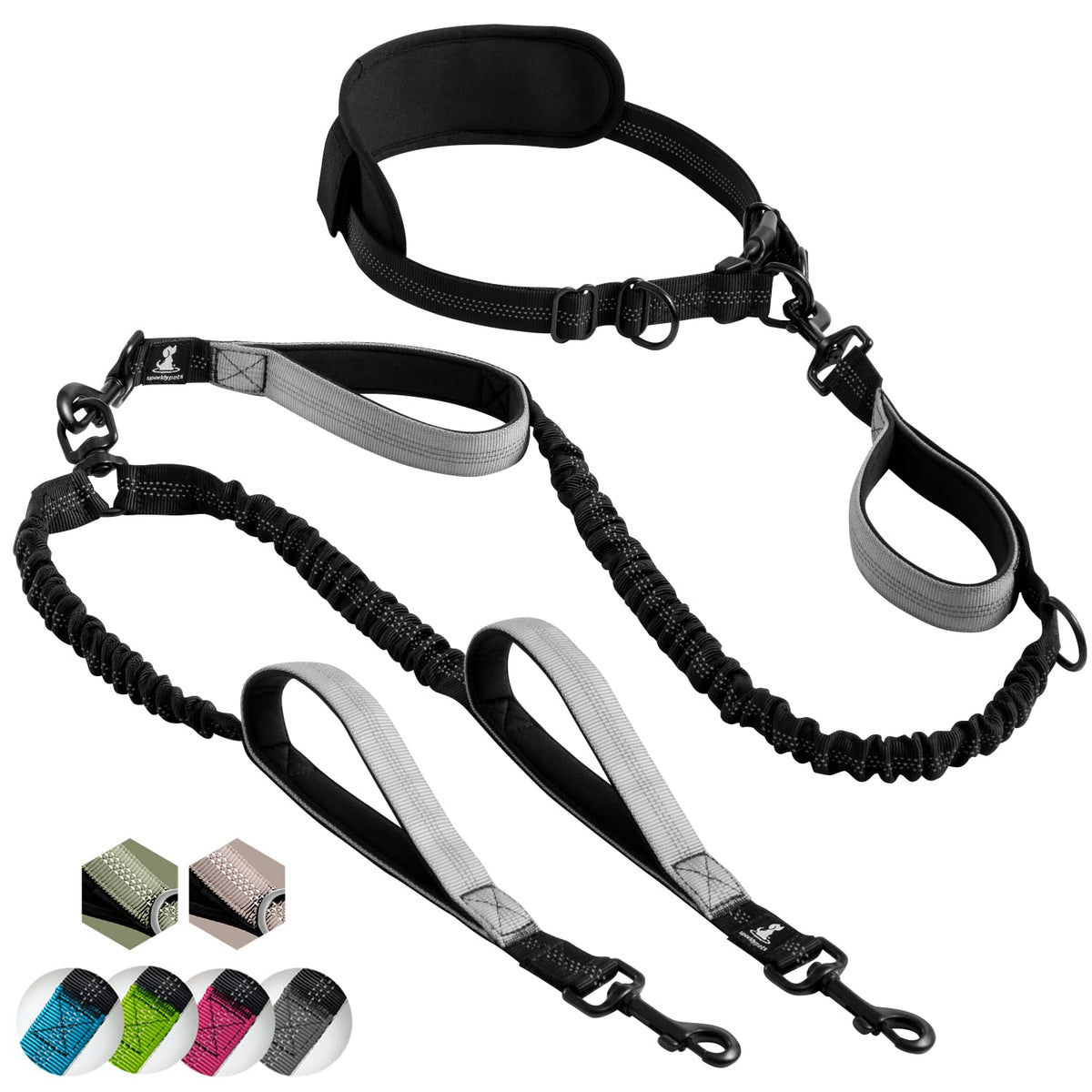 Sparklypets Hands Free Double Dog Leash - Dual Dog Leash For Medium And Large Dogs - Dog Leash For 2 Dogs With Padded Handles, Reflective Stitches, No Pull, Tangle Free Gray