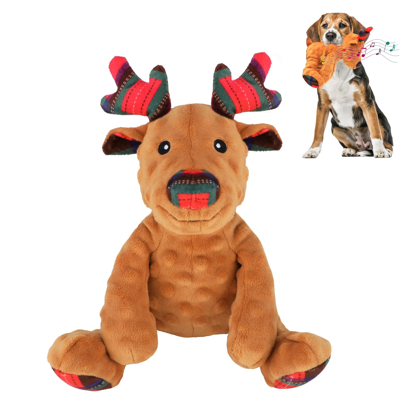 Yuepet Christmas Squeaky Dog Chew Toys, Reindeer Plush Dog Toys For Cleaning Teeth, Durable Stuffed Dog Toys With Crinkle Paper 