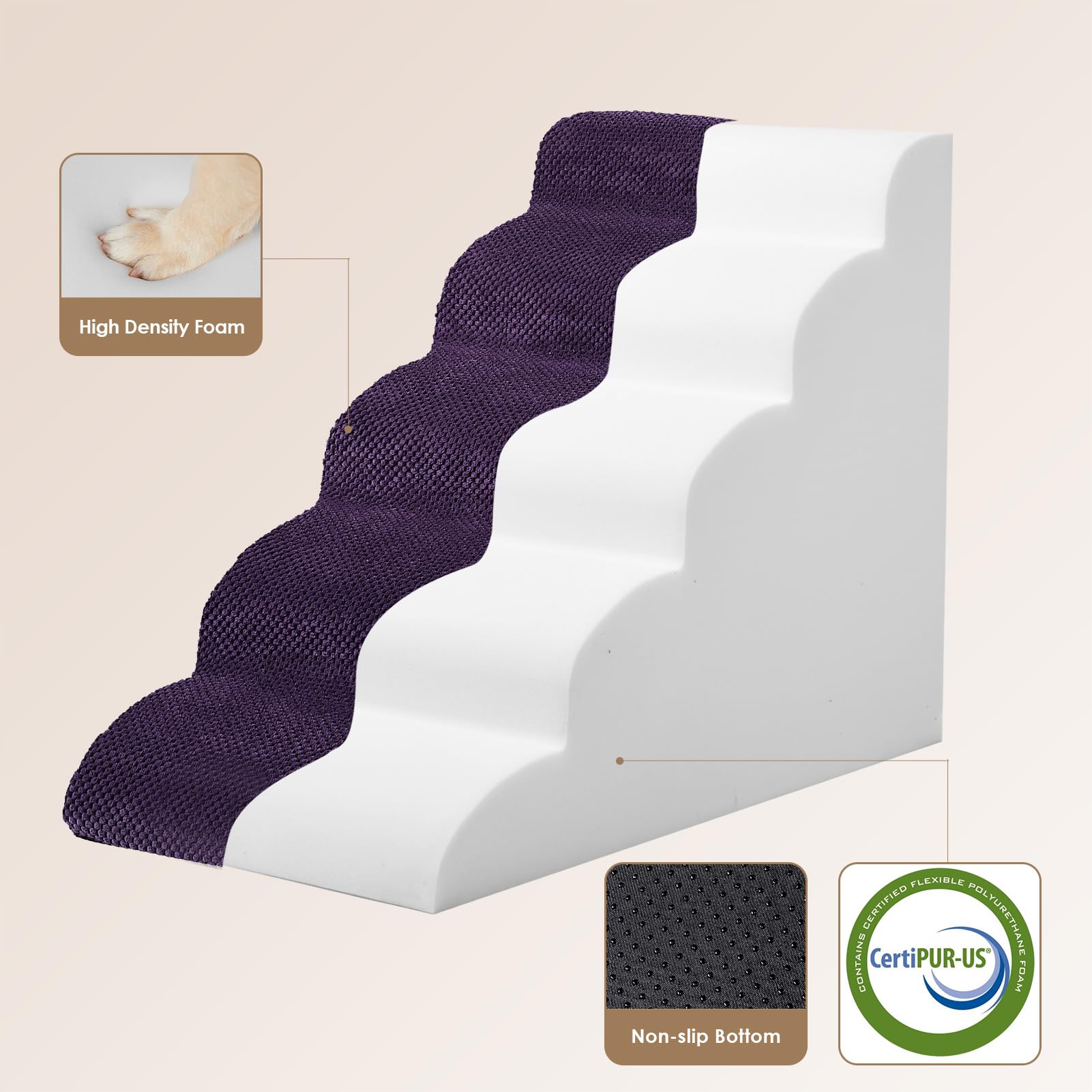 Eheyciga Curved Dog Stairs Ramp For High Beds 22.6' H, 5-Step Dog Steps For Small Dogs And Cats, Pet Stairs For High Bed Climbi