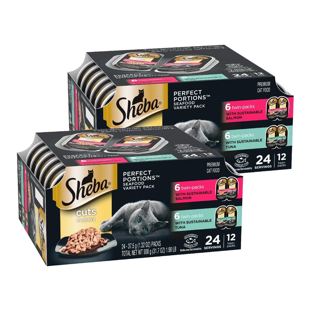 Sheba Perfect Portions Cuts In Gravy Adult Wet Cat Food Trays (24 Count, 48 Servings), Gourmet Salmon & Sustainable Tuna, Easy P