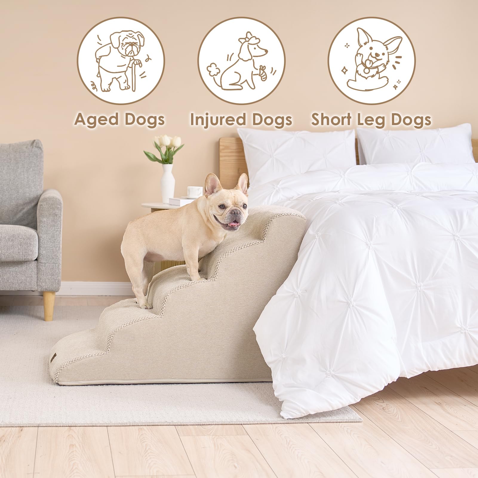 Eheyciga Curved Dog Stairs Ramp For High Beds 22.6' H, 5-Step Dog Steps For Small Dogs And Cats, Pet Stairs For High Bed Climbing, Non-Slip Balanced Pet Step Indoor, Beige