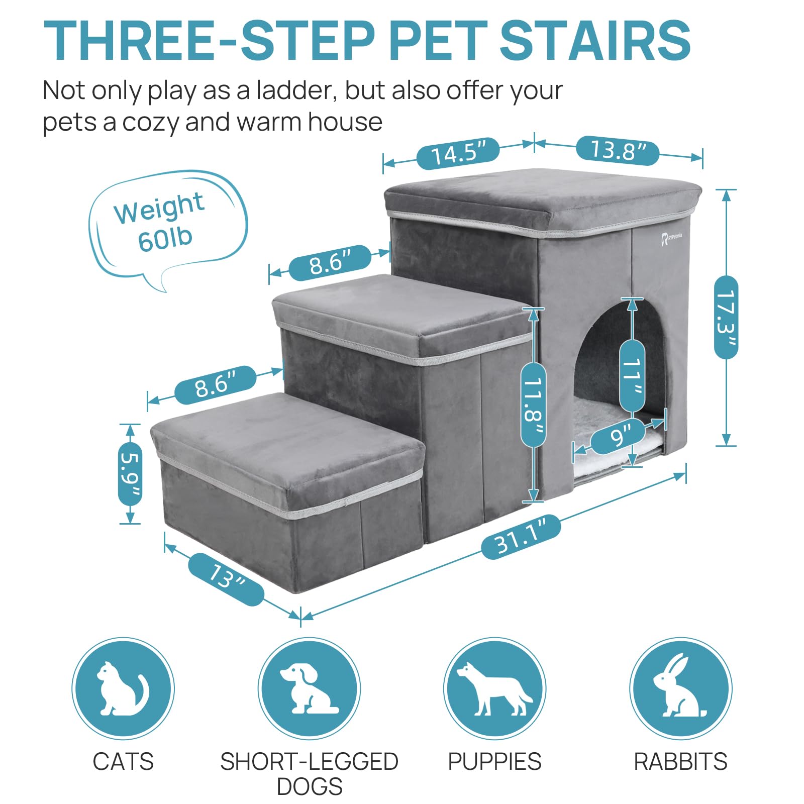 Rypetmia Foldable Pet Stairs For Beds & Sofas - Non-Slip Dog Steps With Storage For Small To Medium Dogs & Cats, Supports Up To