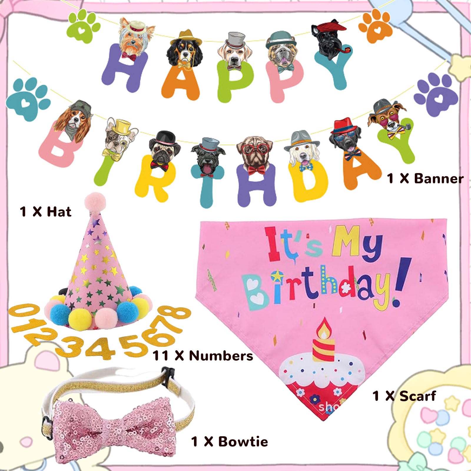 Dog Birthday Hat Bandana Party Decorations, Reusable Dog First Birthday Supplies With Banner Bowtie Numbers Crown, Cute 1St Larg