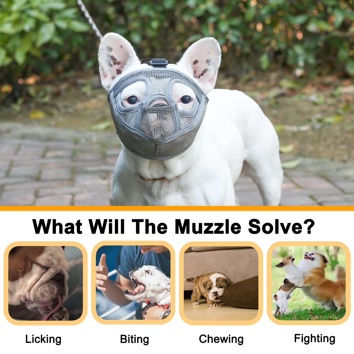 BARKLESS French Bulldog Muzzle - Short Snout Mesh Dog Muzzle, XXS, Grey, for Biting, Chewing, and Grooming