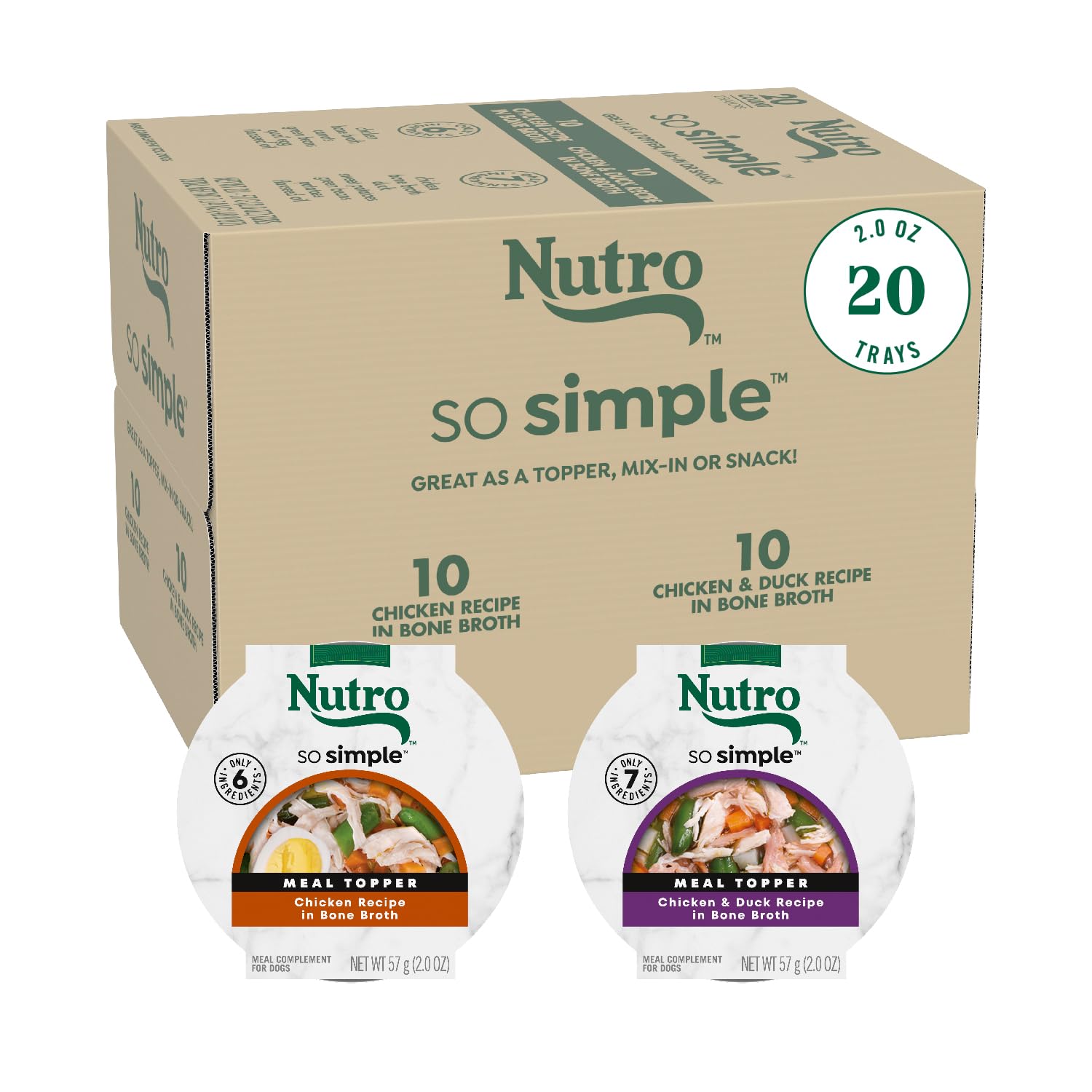 Nutro So Simple Wet Dog Meal Complement Chicken and Chicken & Duck Recipes in Bone Broth 2 oz Trays, Variety Pack (20 Count, Pac
