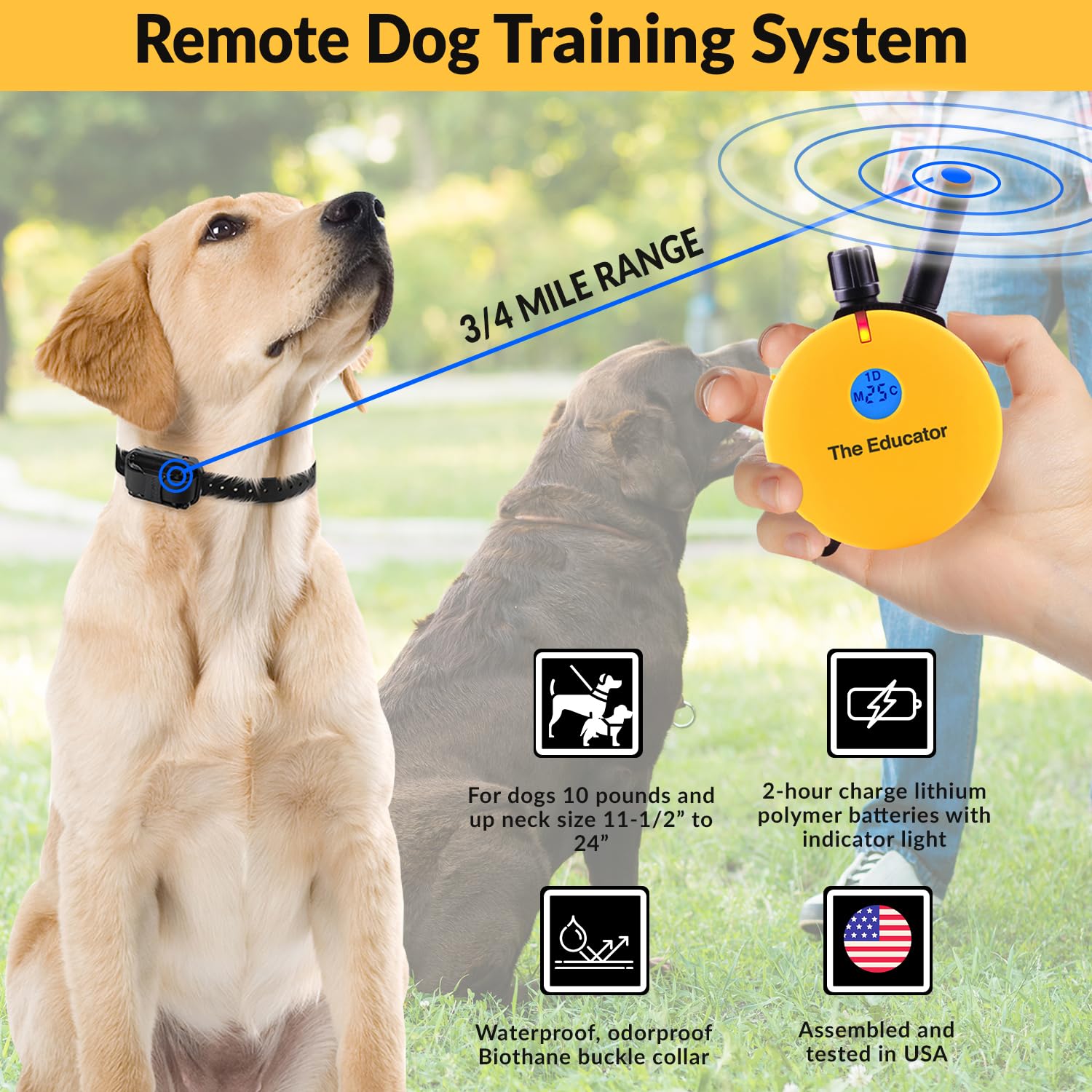 Educator E-Collar Humane Dog Training Collar With Remote, Features 100 Levels Of Safe Stimulation, Tapping Sensation, Night Light, Waterproof, Rechargeable, 3/4 Mile 1 Dog, Yellow