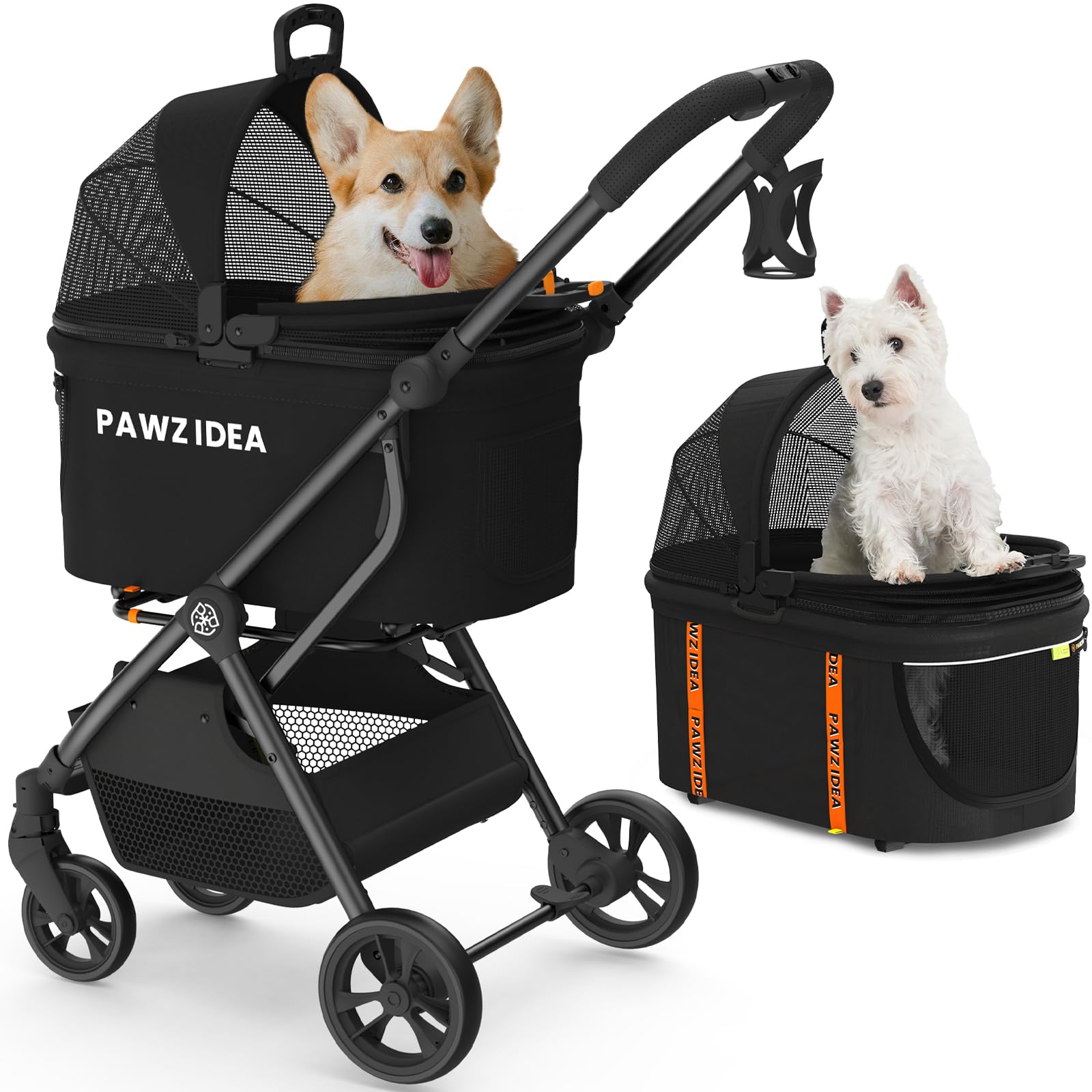Pawzidea Pet Stroller 4 In 1, Dog Strollers For Small/Medium Dogs/Cats With Detachable Carrier No-Zip Canopy, Seatbelt Puppy Car