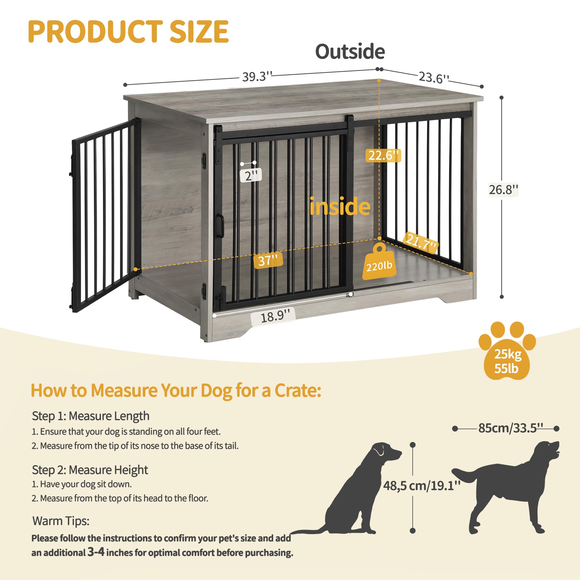 Hzuaneri 39.4 Heavy Duty Dog Crate Furniture with Barn Door, Wood Indoor Dog Crate Kennel for Small/Medium/Large Dogs, End Side