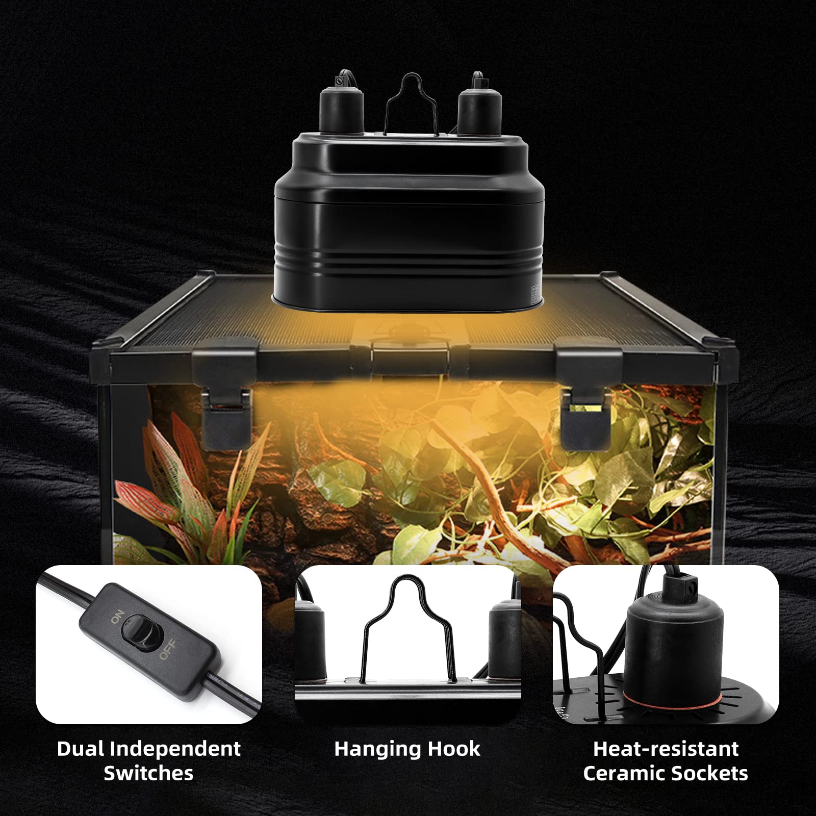 Mecesor Dual Reptile Lamp Fixture With Independent Switches, Uvb & Basking Bulb Holder For Glass Terrarium Habitat - Heat Light