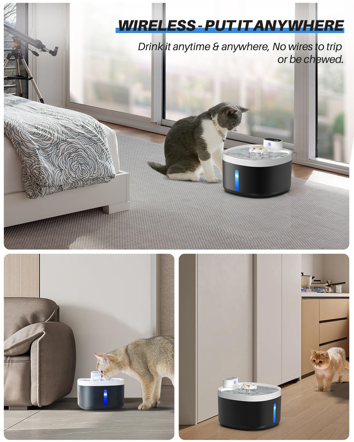 Pet Fountain 88Oz/2.6L, Automatic Cat Water Smart Fountain Pet Water Dispenser With Replacement Filters For Cats Dogs And Multiple Pets - Water Level Window (White, Stainless Steel, Wireless)