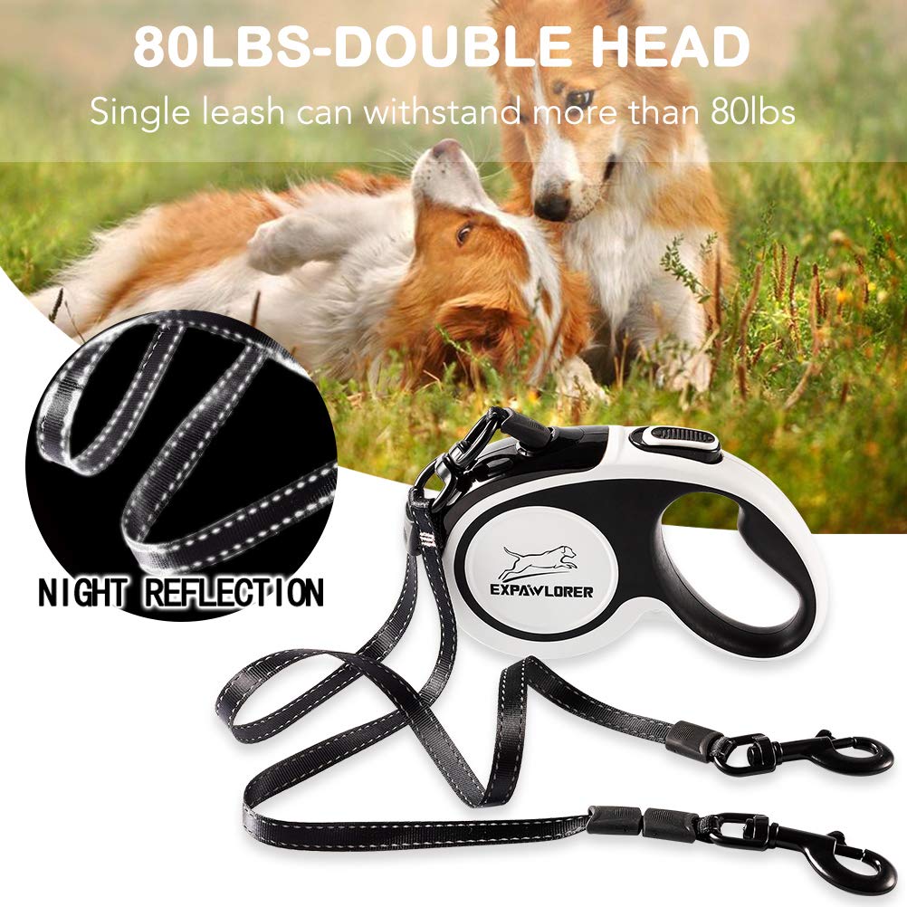 EXPAWLORER Dual Retractable Dog Leash - 16ft Reflective Nylon, Black & White, Model MDL001_BLK, Tangle-Free for Two Dogs