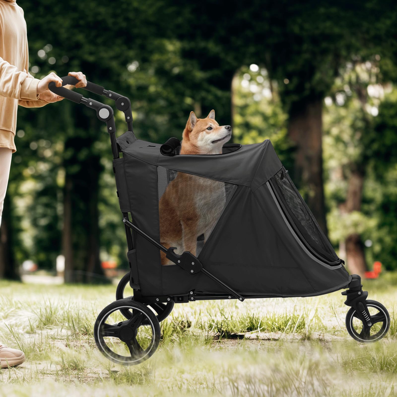 Magshion Pet Stroller For Medium Dogs W/Adjustable Handle, 3-Wheel Dog Cat Wagon W/Dual Entry, Rear Storage, Breathable Mesh, On