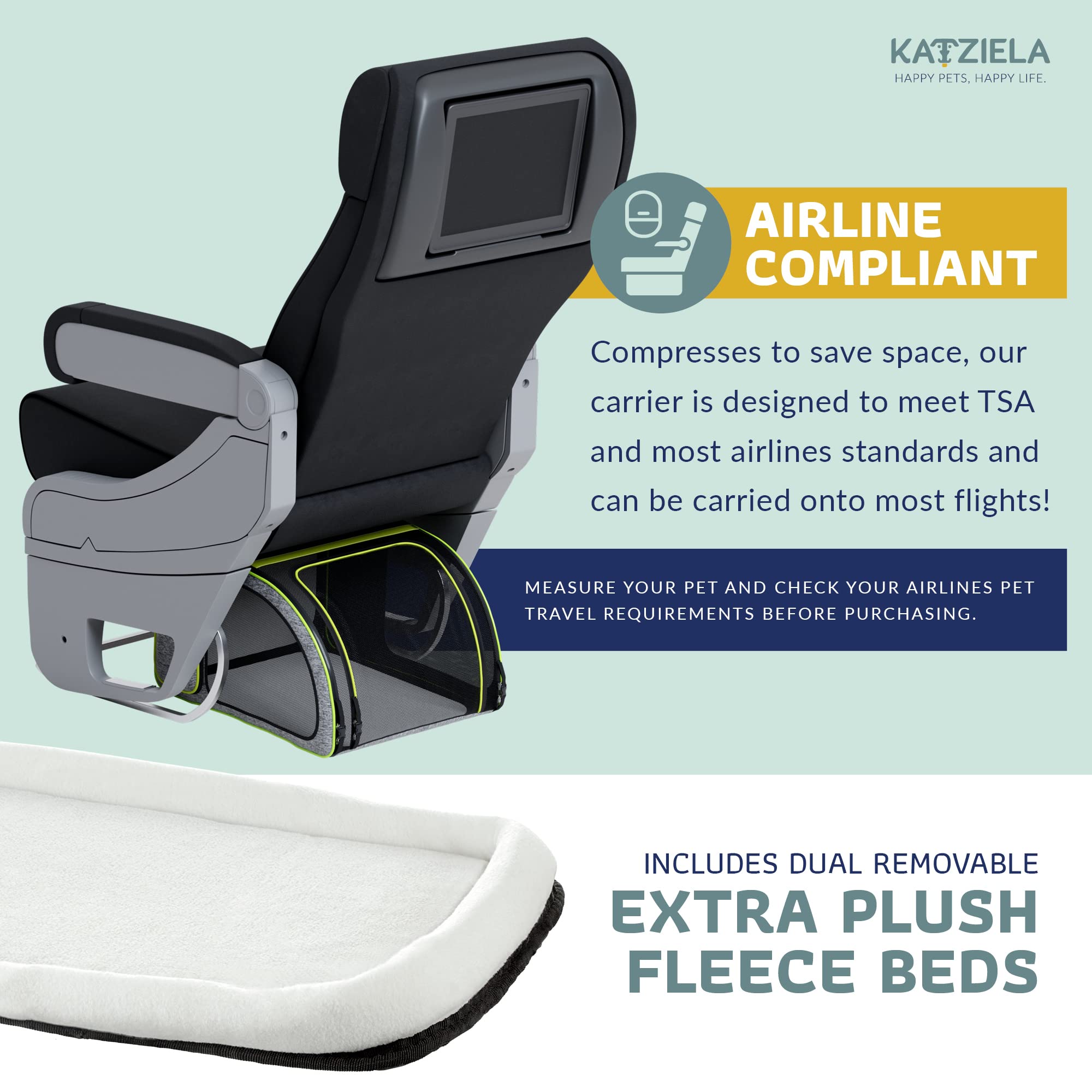 Katziela Wheeled Pet Carrier Backpack - Soft Sided, Airline Approved Hiking Carrying Bag For Small Dogs And Cats ?Removable Rolling Wheels ?Mesh Ventilation Windows, Storage Pockets (Green/Gray)