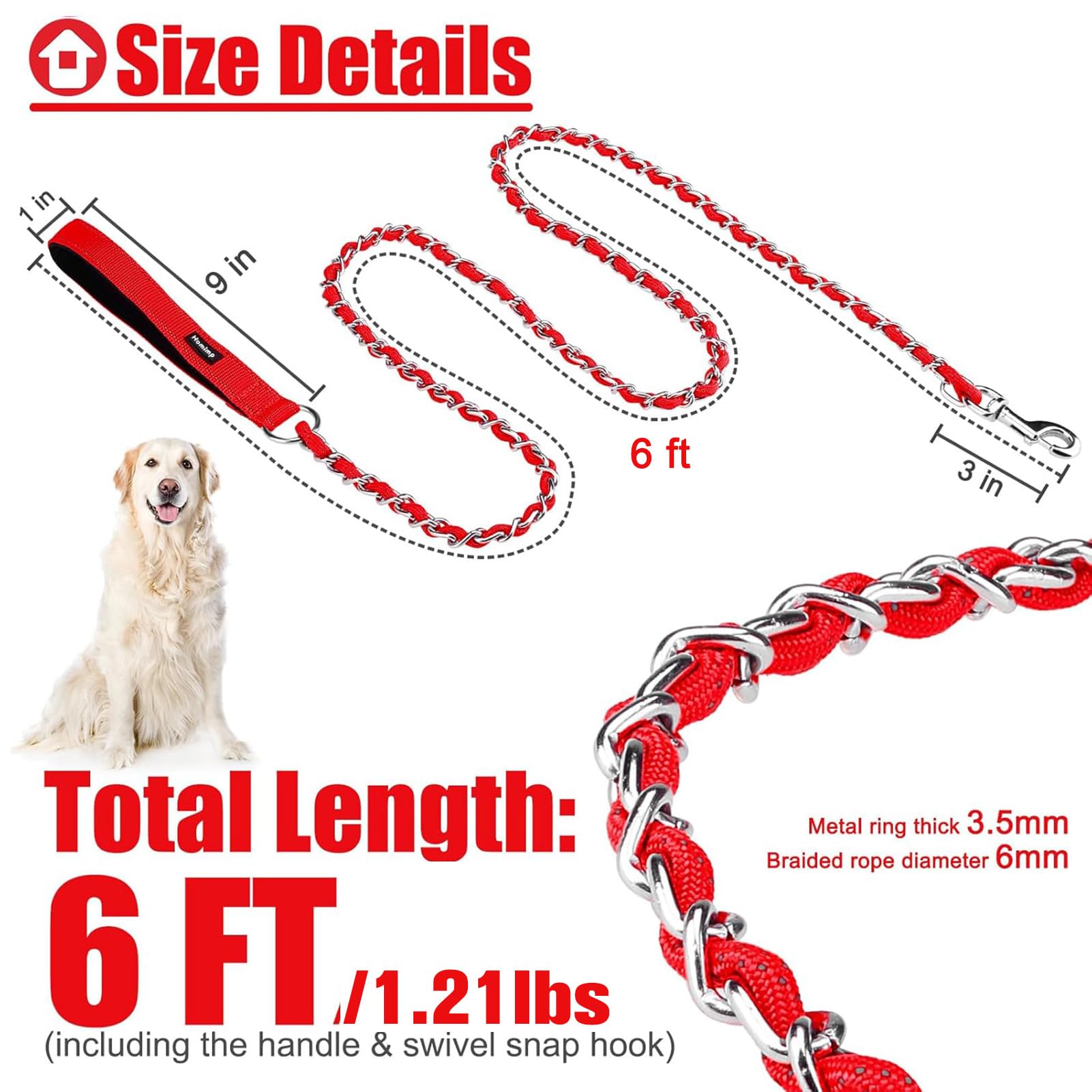 Homimp Chain Dog Leash - Reflective, Chew Proof Metal Leash For Large Dogs, 6 Ft With Comfortable Soft Padded Handle, Anti Bite