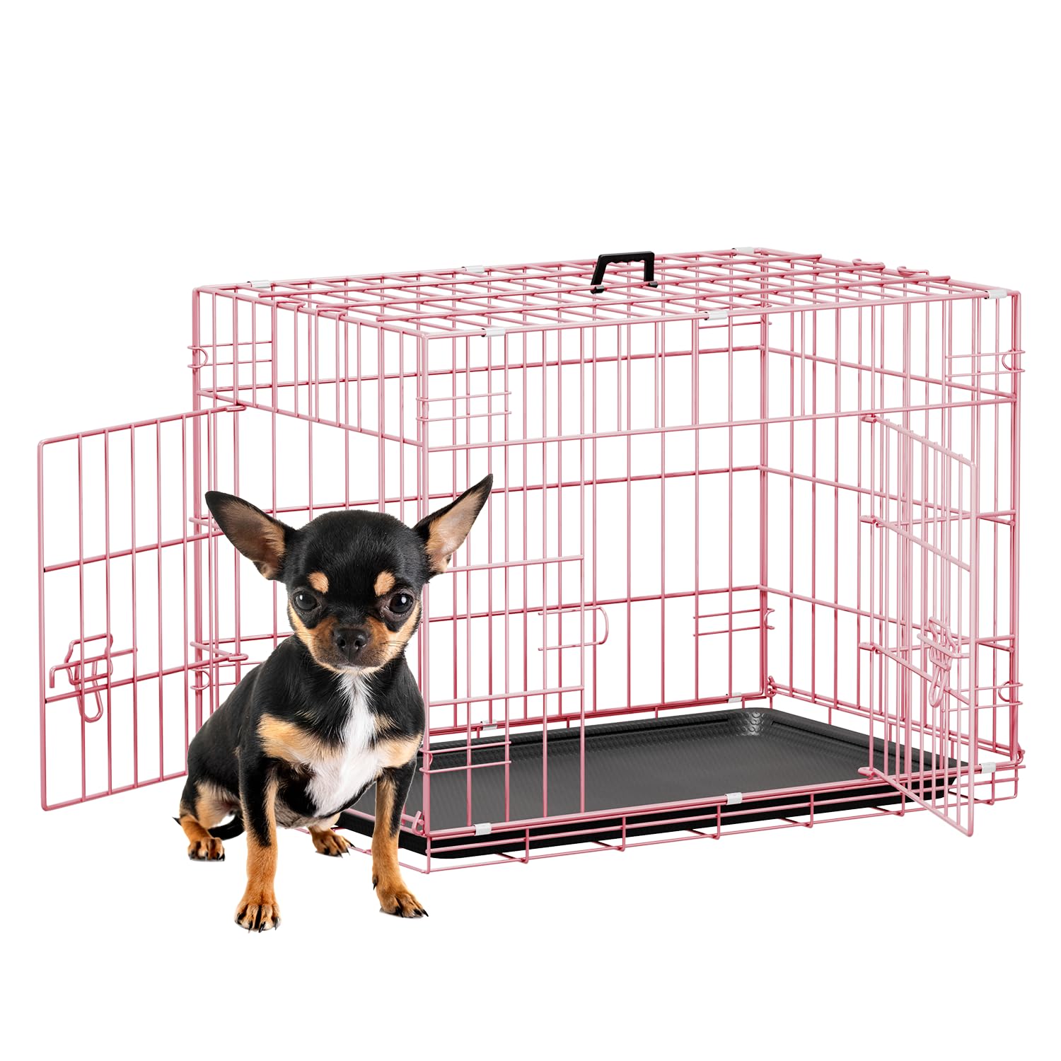 FDW 24inch Dog Crate Pet Cage with Metal Folding Design Plastic Tray Indoor Outdoor Dog Kennel Cage for Small Dogs,Pink