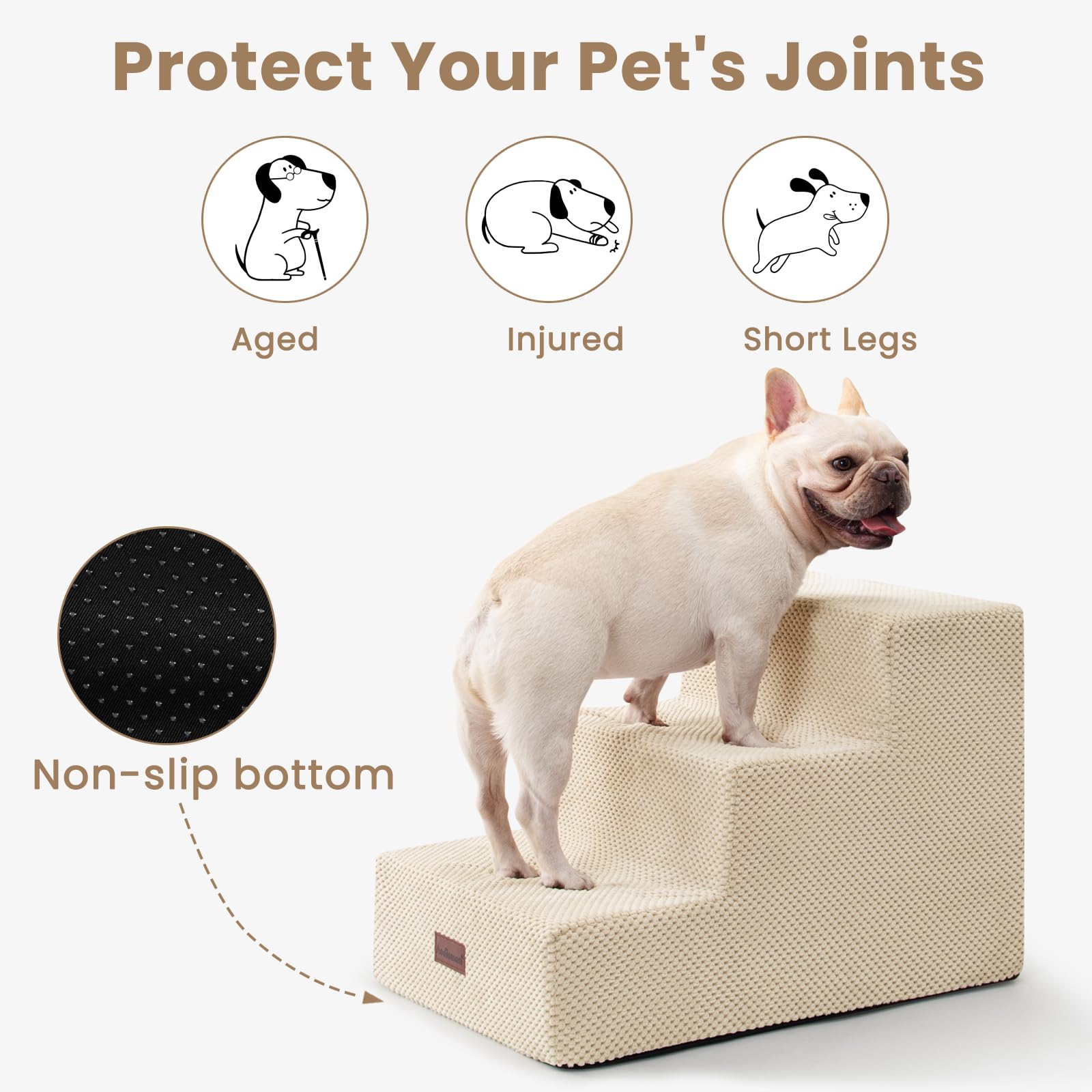 Aodisman Dog Stairs for Small Dogs & Cats, 3-Step Extra Wide Non-Slip Pet Steps for Couch Sofa and Chair, Beige, 15.7 H