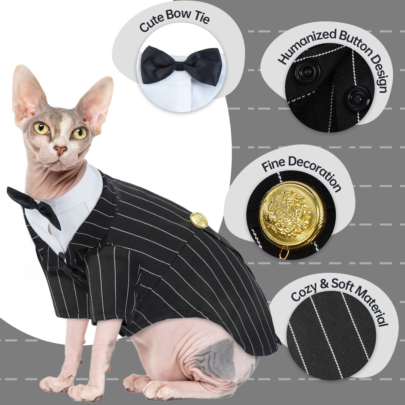 Qbleev Cat Tuxedo Suit, Sphynx Cat Suit With Bow Tie, Cat Halloween Costumes, Kitten Formal Attire Wedding Birthday Onesie Cloth