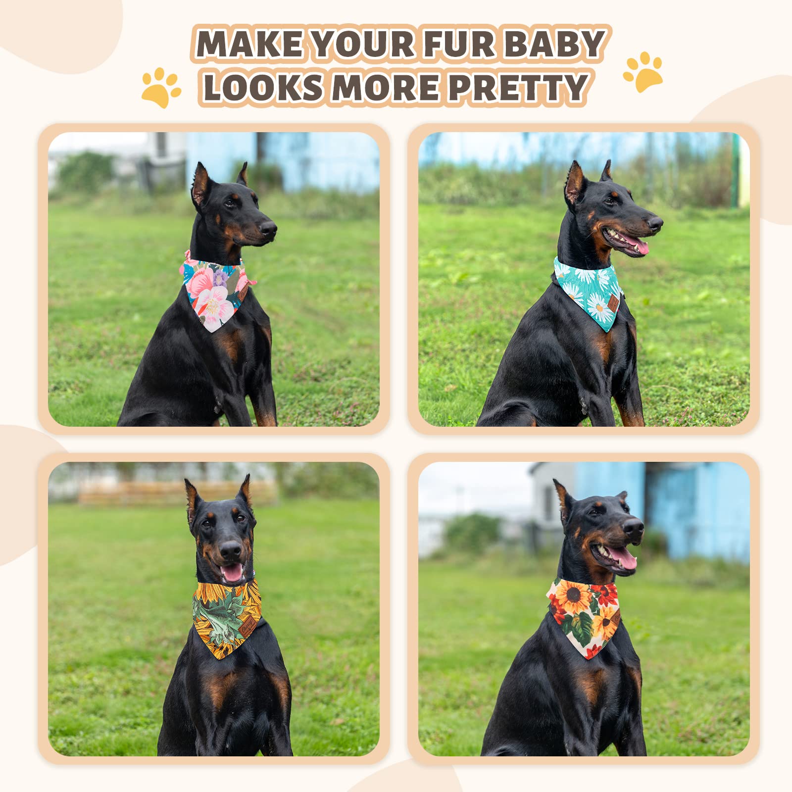 Charcy Bandanas 4 Pack, Fall Bandana For Boy Girl Dog Holiday Birthday, Adjustable Durable Scarf, Unique Design - Sunflower Larg