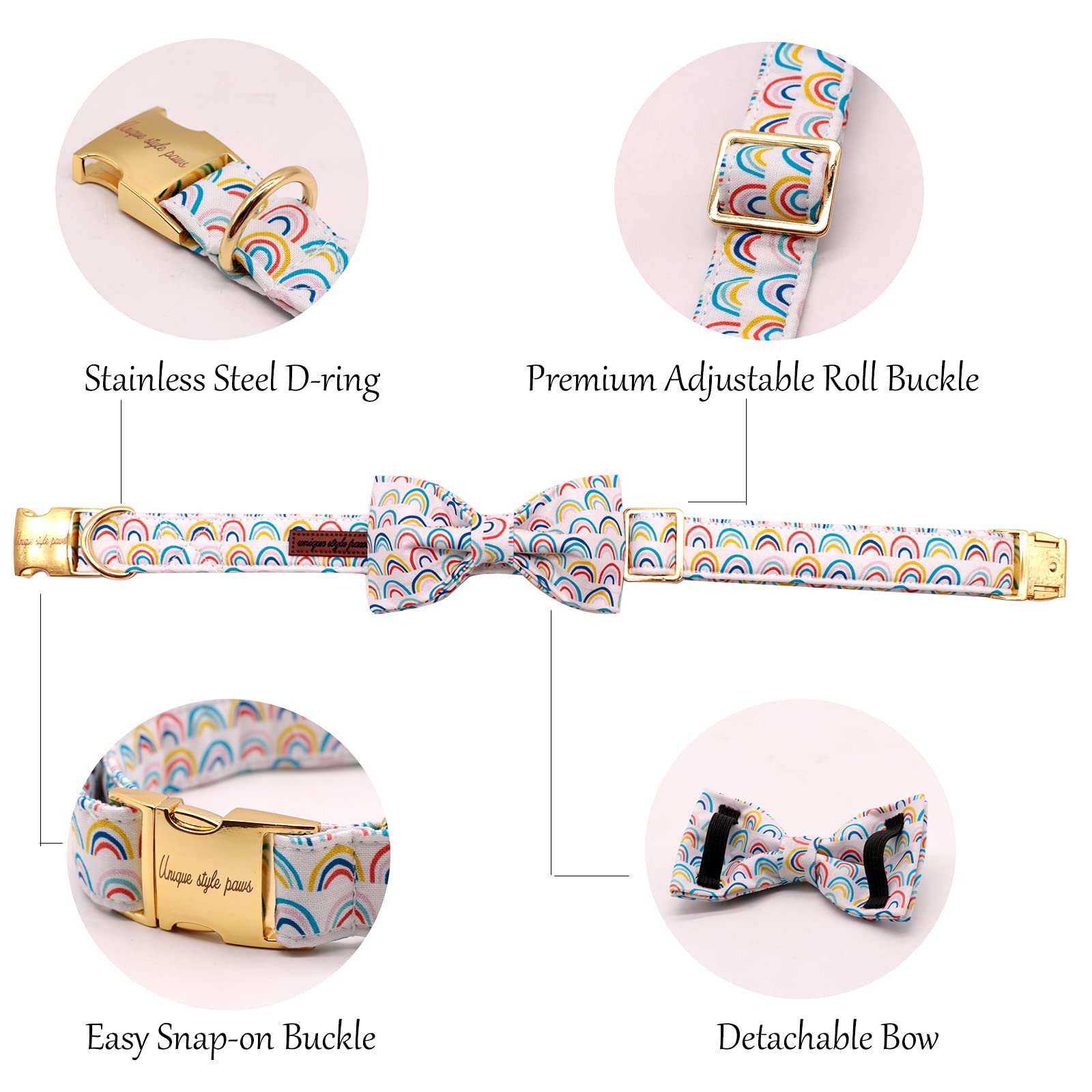 Unique Style Paws Rainbow Colorful Dog Collar With Bow Pet Gift Adjustable Soft And Comfy Bowtie Collars For Small Medium Large Dogs