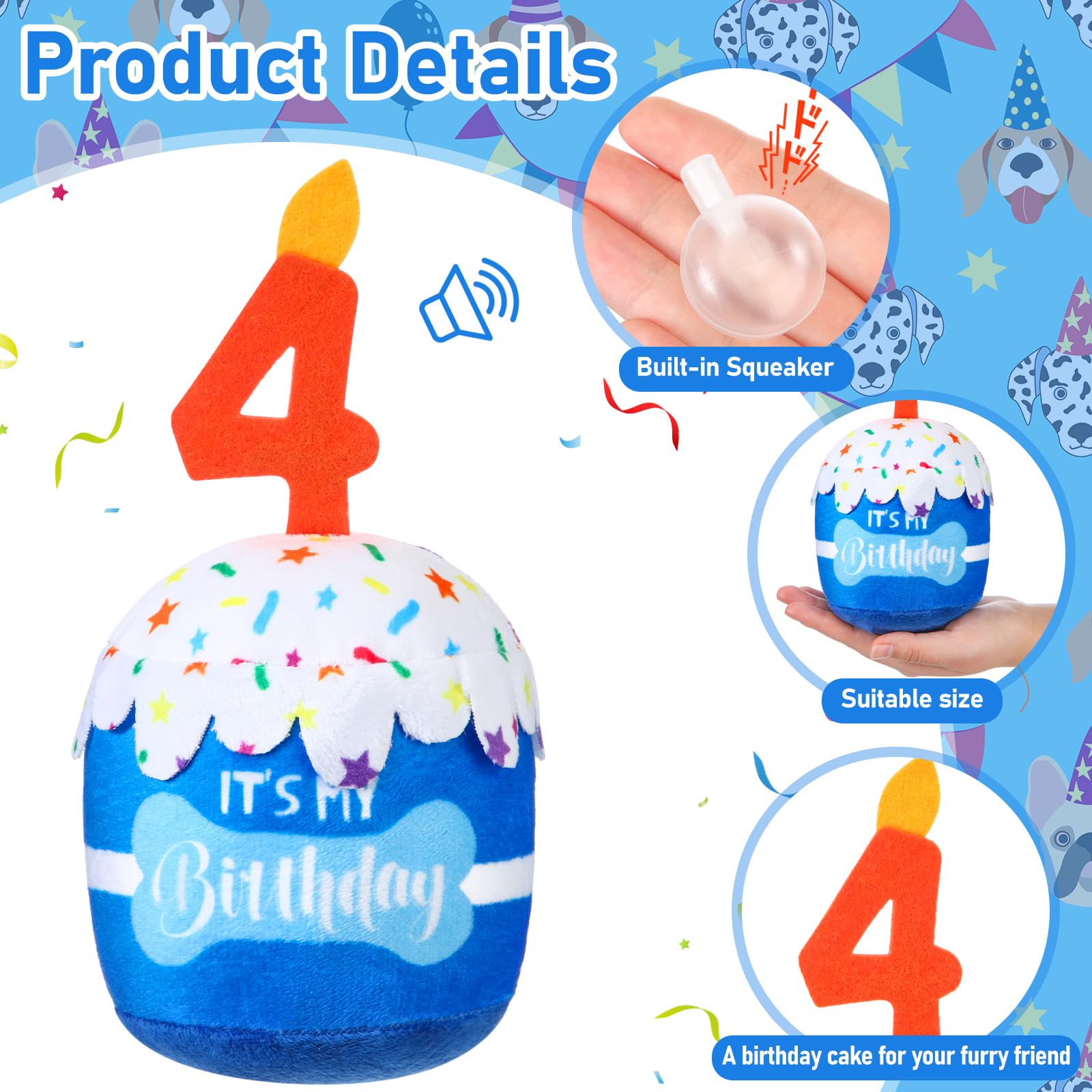 Dansydaisy Dog 4Th Birthday Cake Toy Accessories For Girl Boy Gifts, Blue Squeaky Plush Toy For Dog Birthday Party Decor Favor F