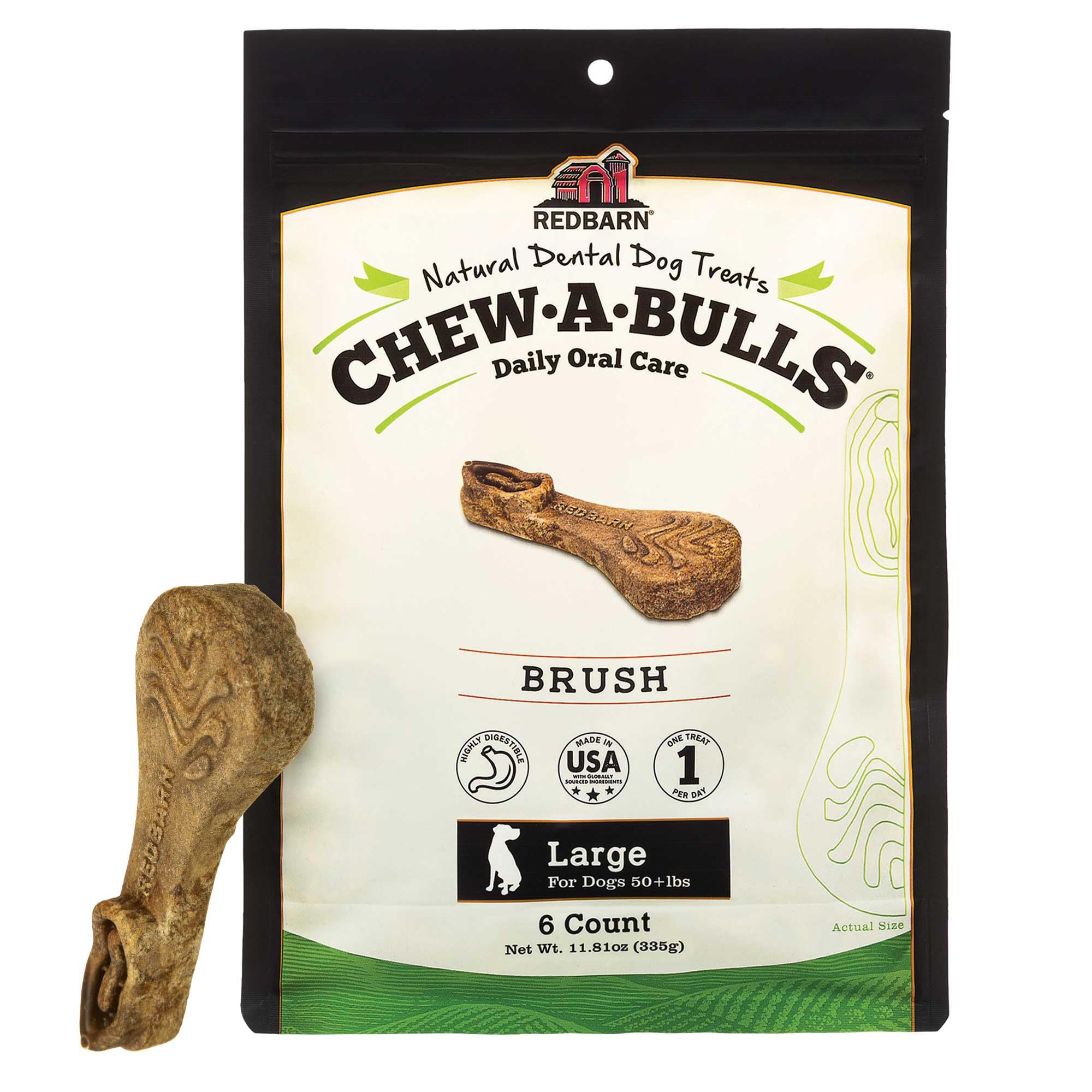 Redbarn Chew-A-Bulls, 6 Pack - Large Brush Shape Dog Dental Treats - Daily Oral Care with Fun Ridges & Grooves, All Natural Ingr