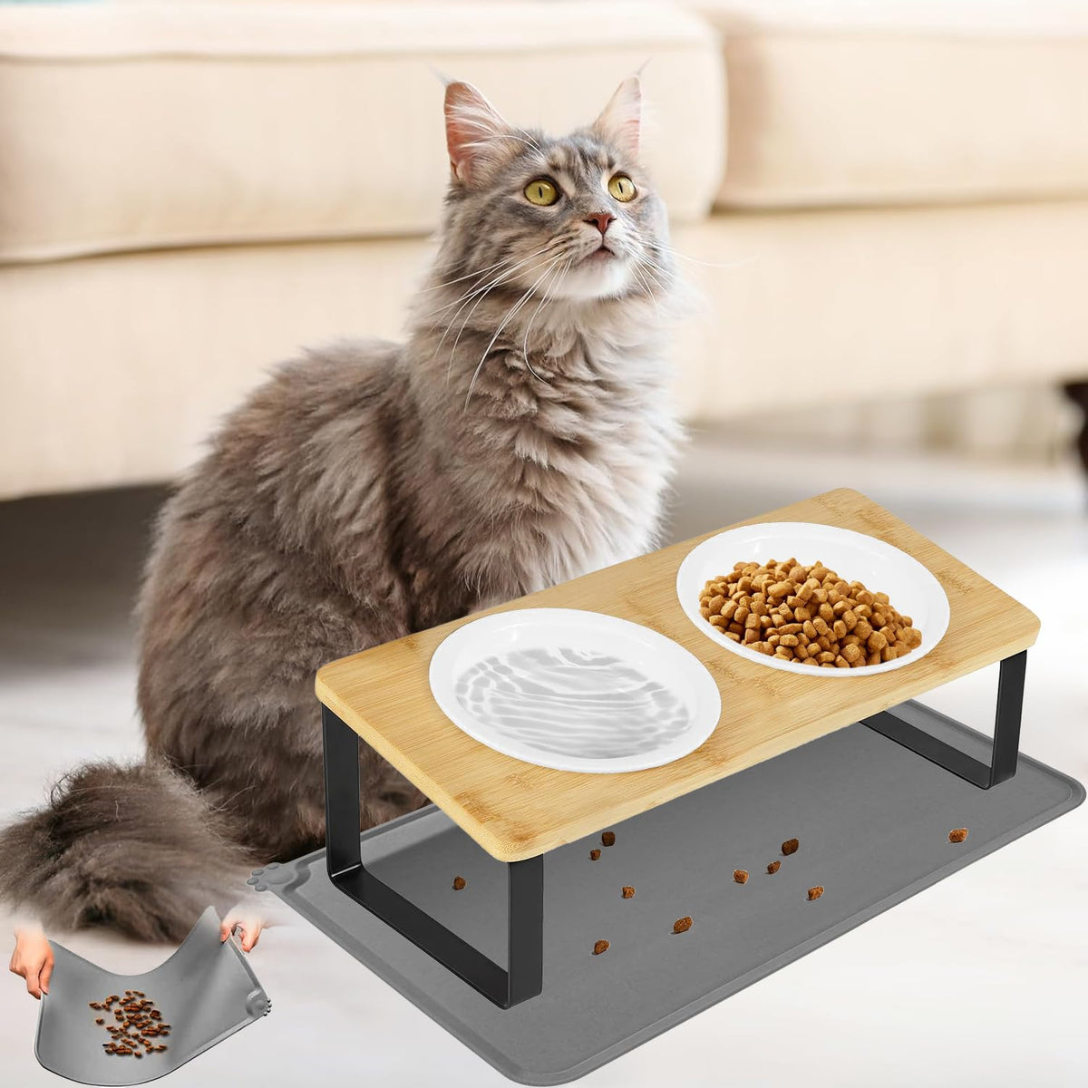 Elevated Cat Bowls With Tilted Stand, 5.5 In Wide Double Dish, Ceramic Pet Feeding Station (With 2 Ceramic Bowls&Silicone Mat)