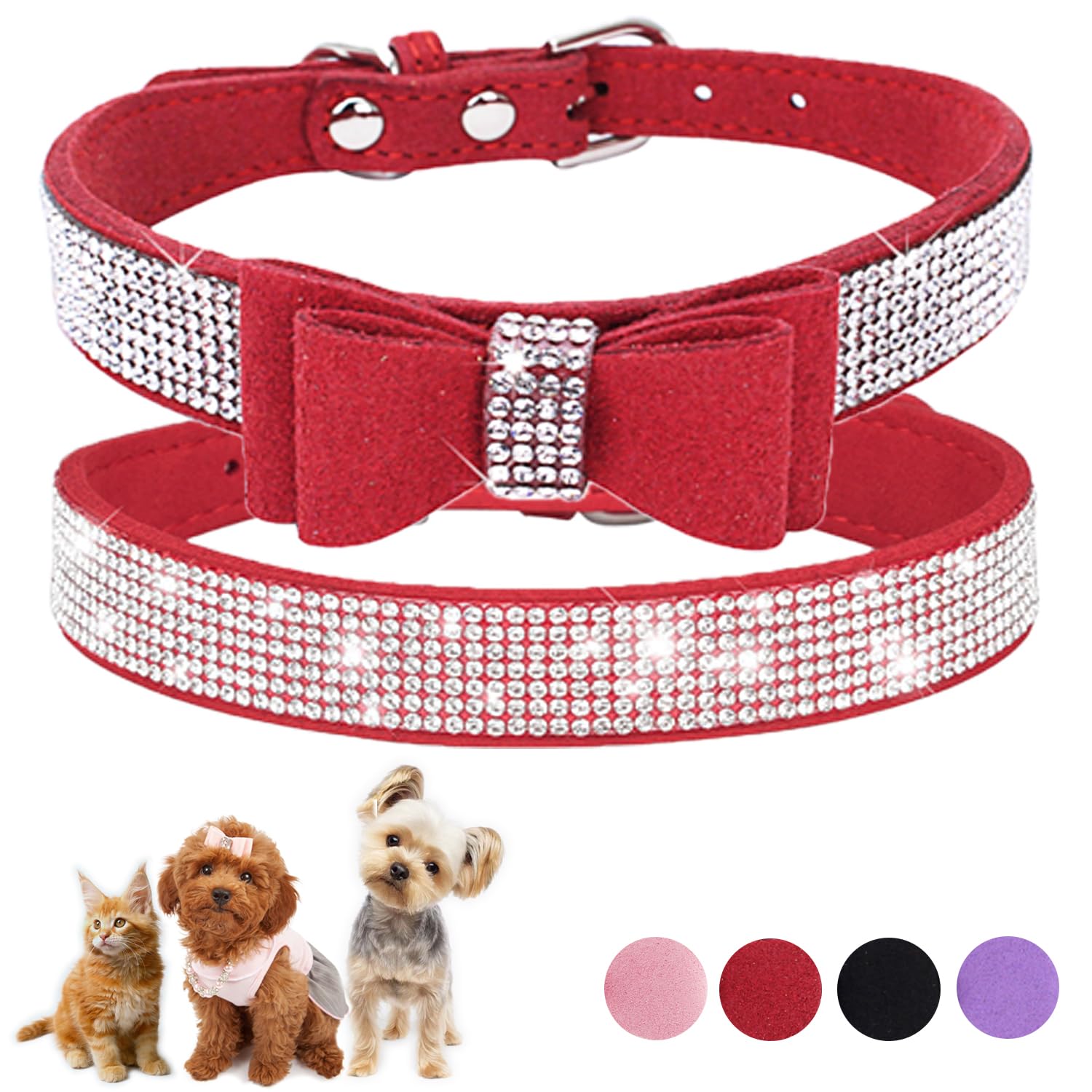Red Sparkle Dog Collars For Small Dogs, 2-Pack Bling Diamond Dog Collar Soft Suede Glitter Rhinestone Jewelry Crystal Girl Puppy