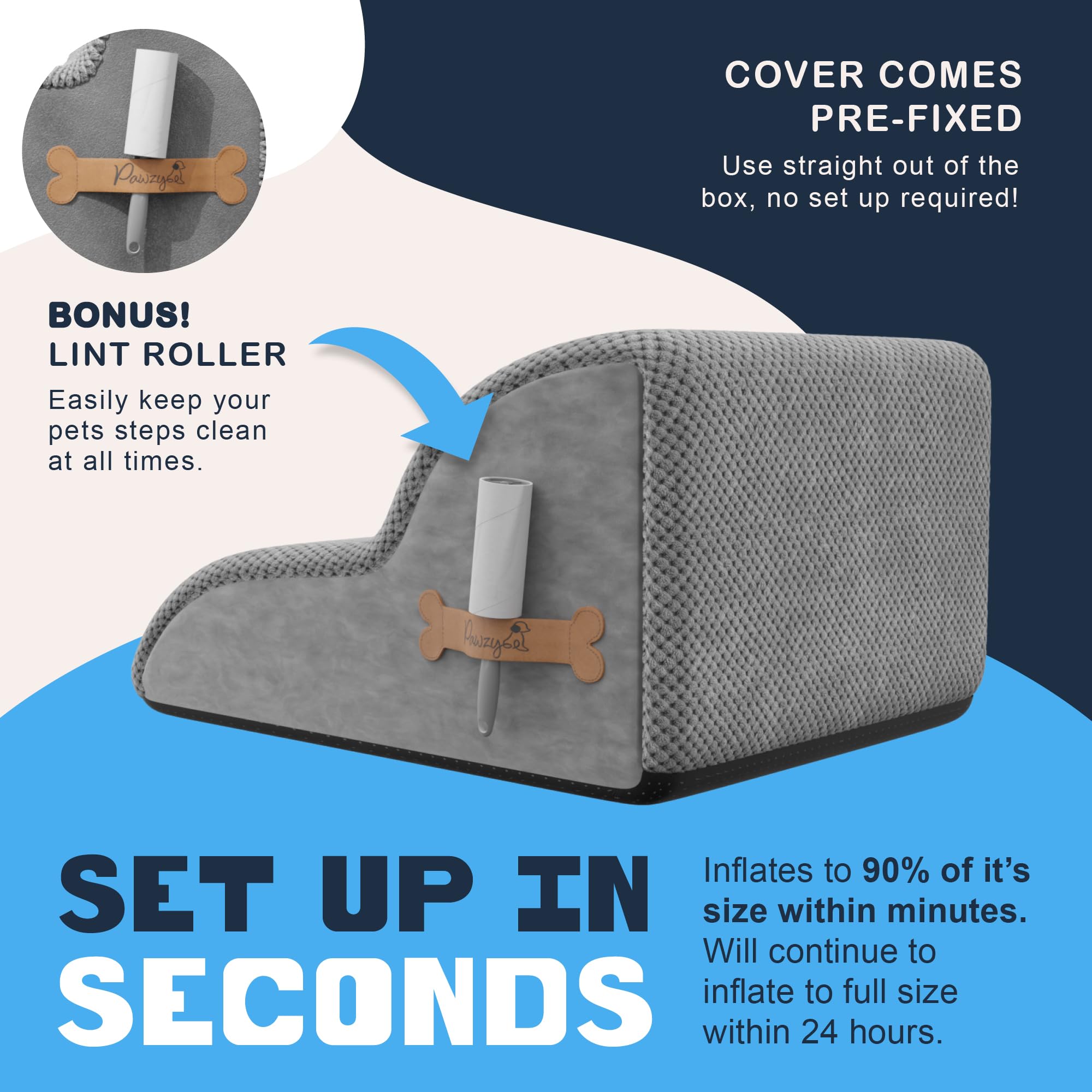 Pawzy Foam Pet Stairs For Bed, Couch Or Window Prefixed Cover - Wide Dog Steps For Bed, Waterproof, Non-Slip Base - Tier Dog Ram