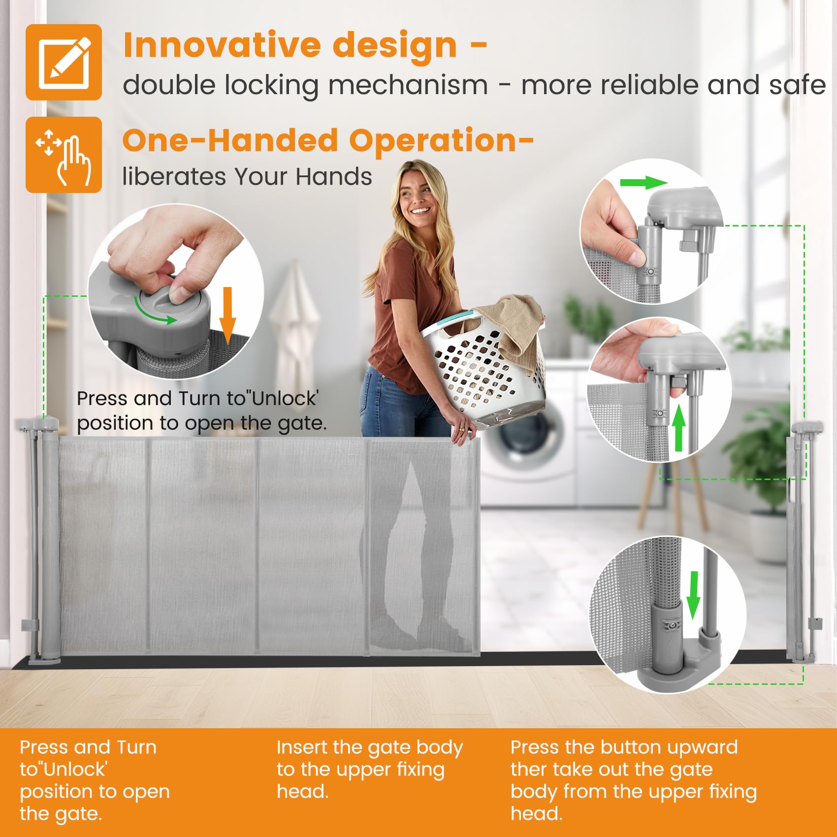 Innovative Retractable Baby Gates with Reinforced Strip,Mesh Baby Gate,One-Handed Operation,35'' Tall x 150'' Wide Baby Gates Ex