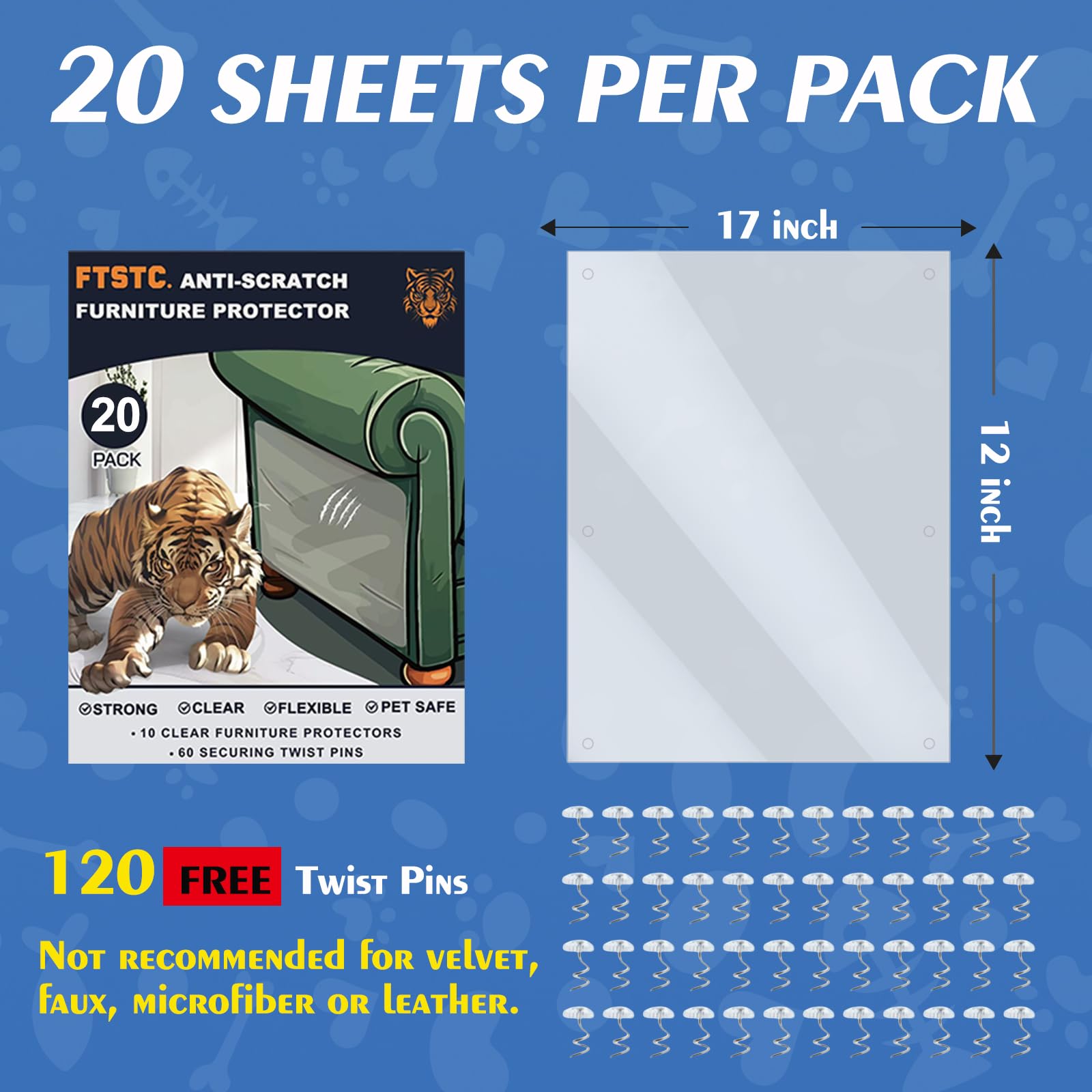 FTSTC 20 PCS Furniture Protectors from Cats, 17x13 Clear Self-Adhesive Anti Cat Scratch Deterrent, Couch Protector for Cats, Cat