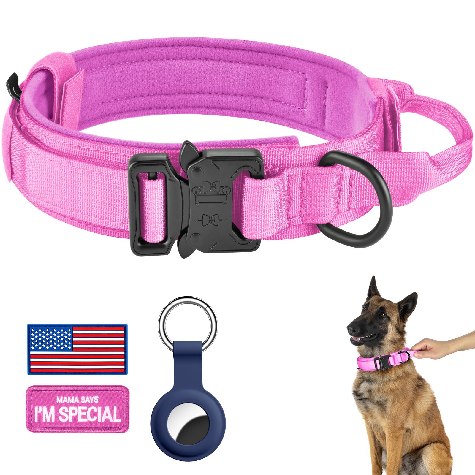 Daganxi Tactical Dog Collar, Adjustable Military Training Nylon Dog Collar With Control Handle And Heavy Metal Buckle For Medium And Large Dogs, With Patches And Airtags Case (Xl, Pink)