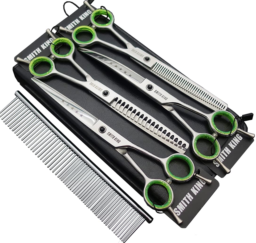 7.0 Inches Professional Dog Grooming Scissors Set Straight & Thinning & Curved & Chunkers & Comb 5Pcs In 1 Set For Left-Handed & Right Handed