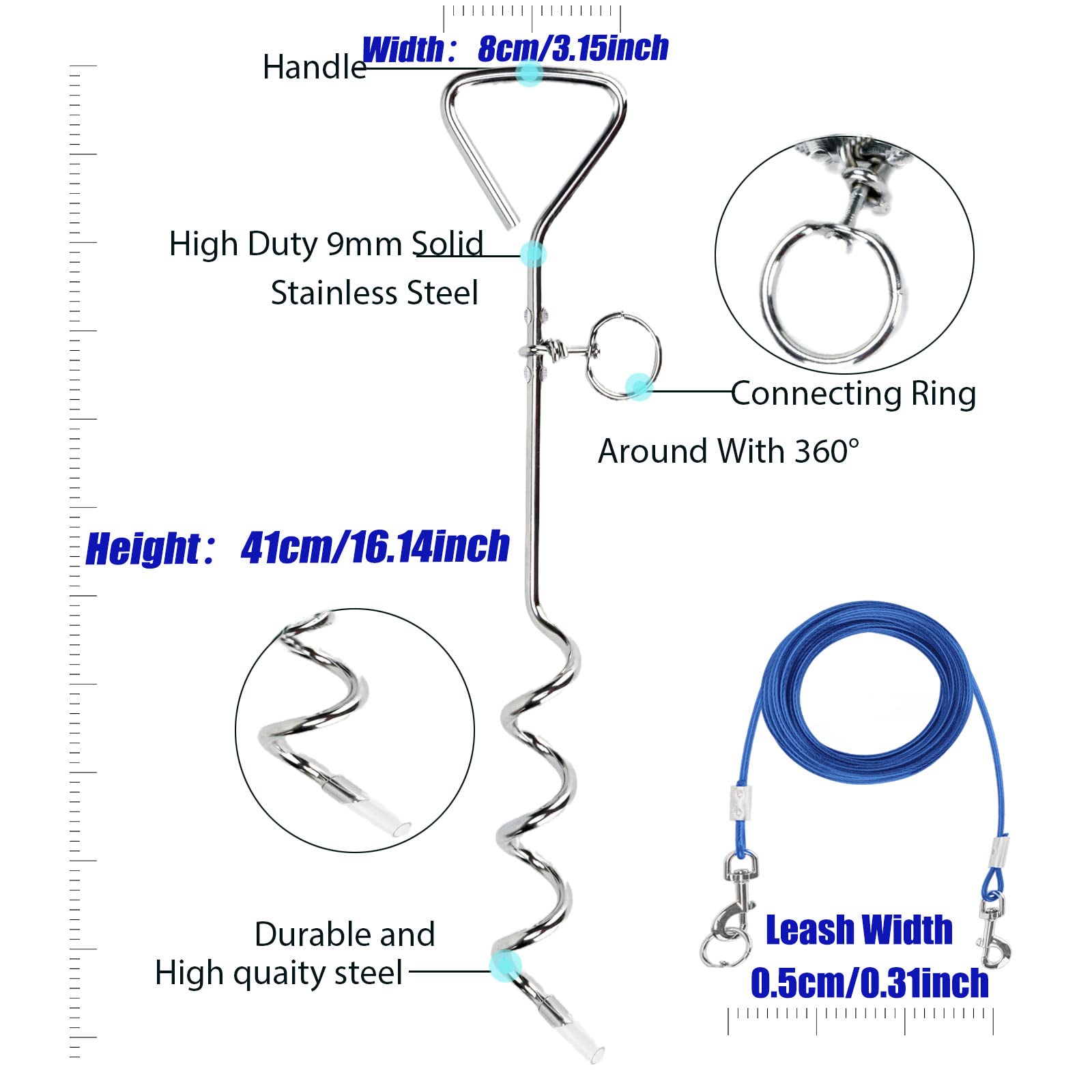 Darkyazi Dog Stake Tie Out Cable and Reflective Stake 16 ft Outdoor, Yard and Camping, for Medium to Large Dogs Up to 125 lbs (3
