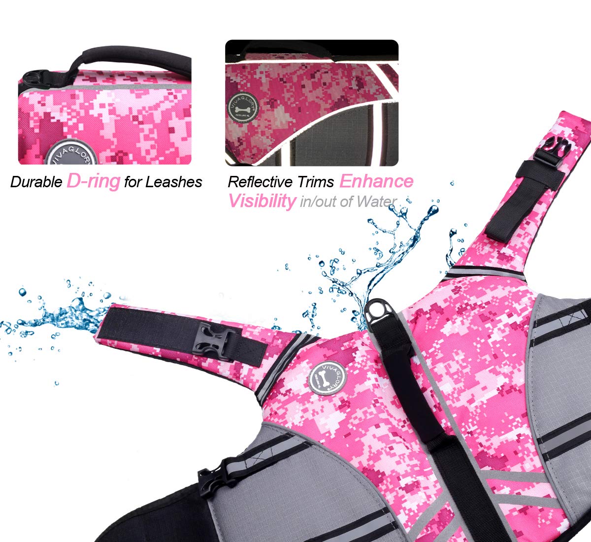 Vivaglory Sports Style Dog Life Jacket With Adjustable & Durable, Extra Flotation Swim Life Vest With Secure Fastening System For Large Dogs, Camo Pink